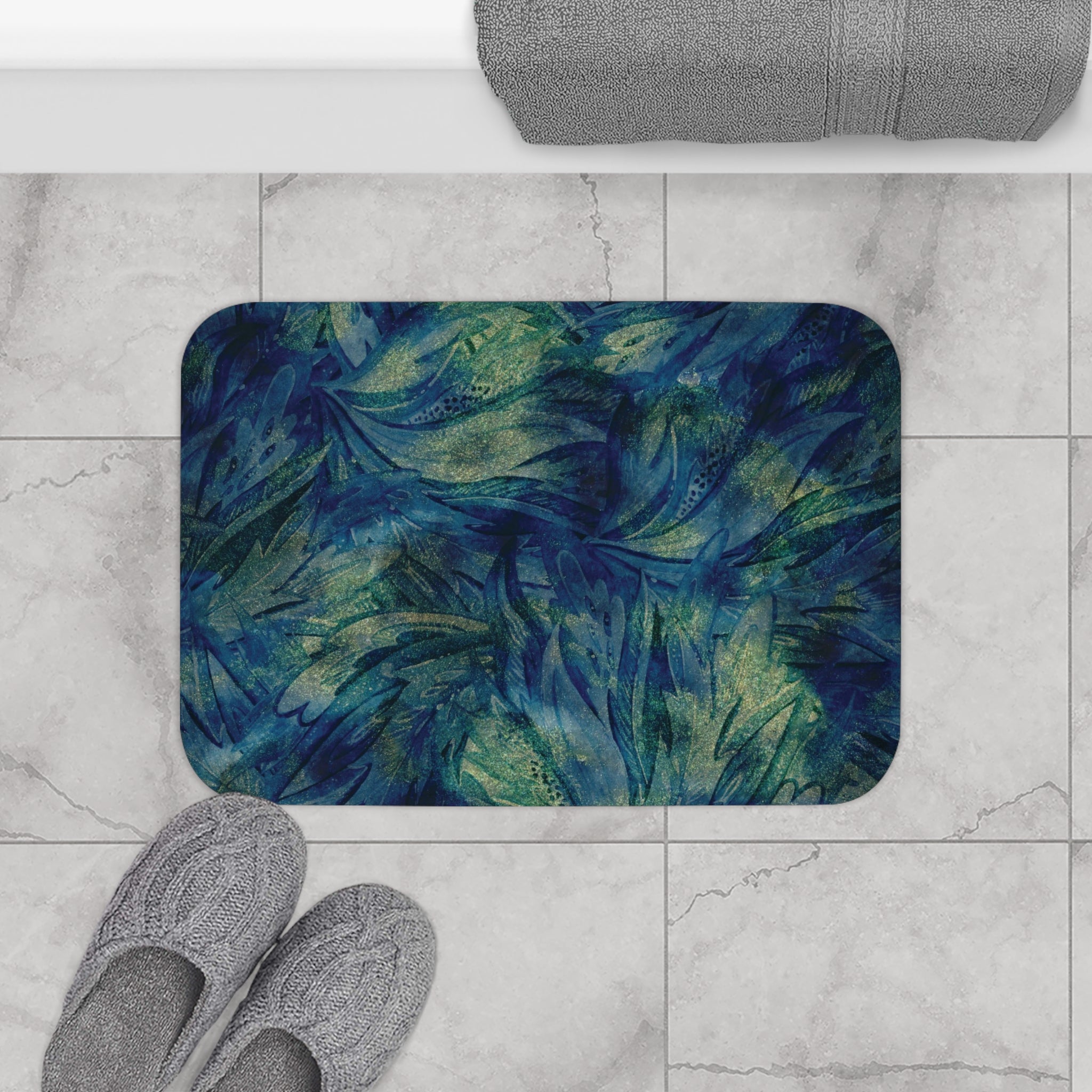 Boho Bath, Kitchen Floor Mat | Peacock Navy Blue, Green