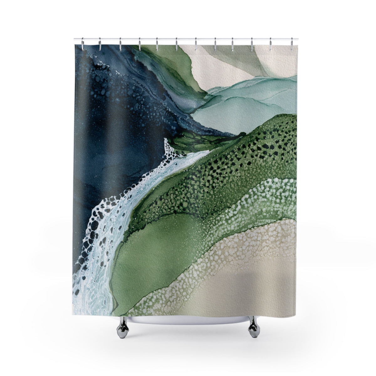 a shower curtain with a watercolor-style abstract design depicting a mountain landscape with various shades of green, blue, and white.