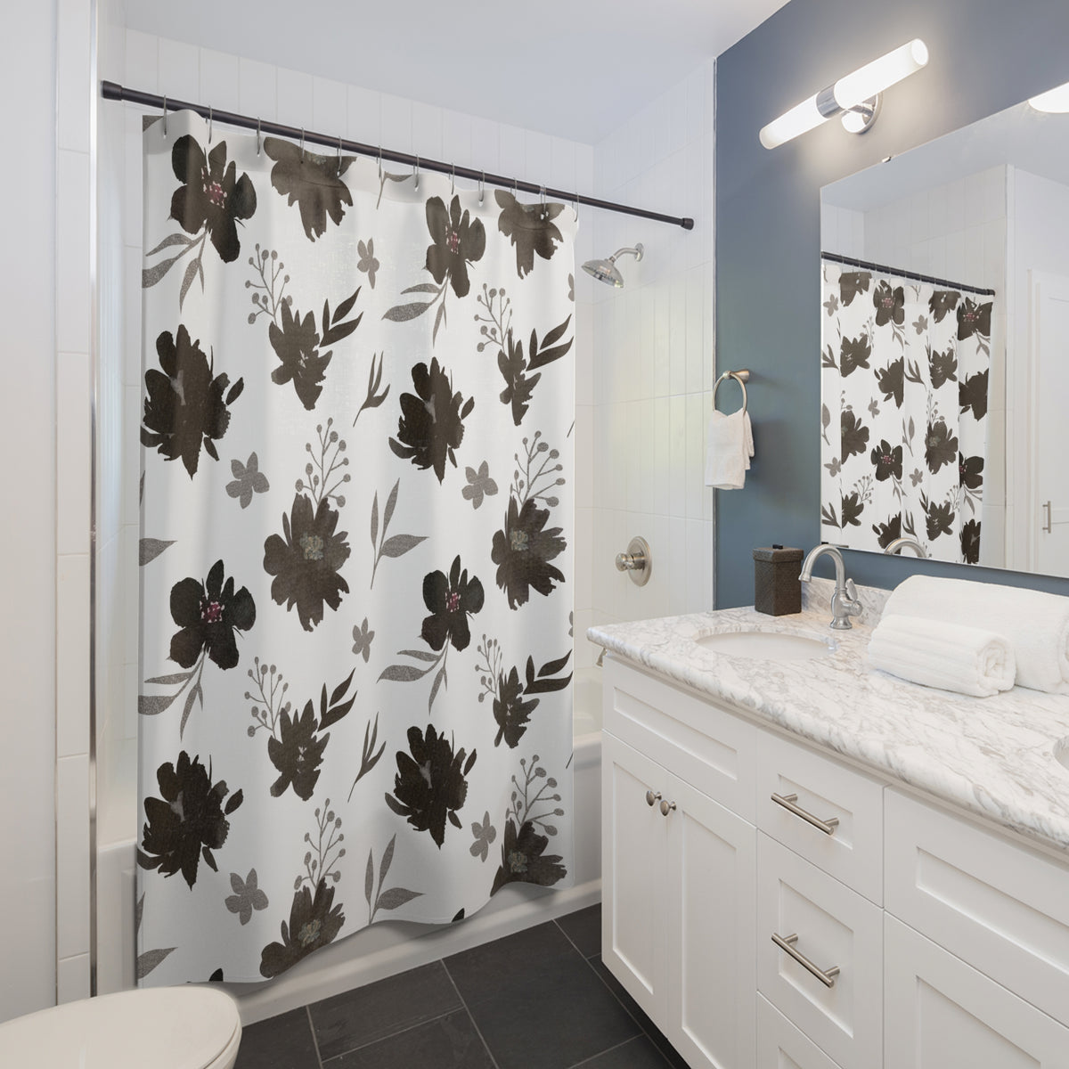 Black Grey Watercolor Floral Shower Curtain, Bath Curtain 71x74