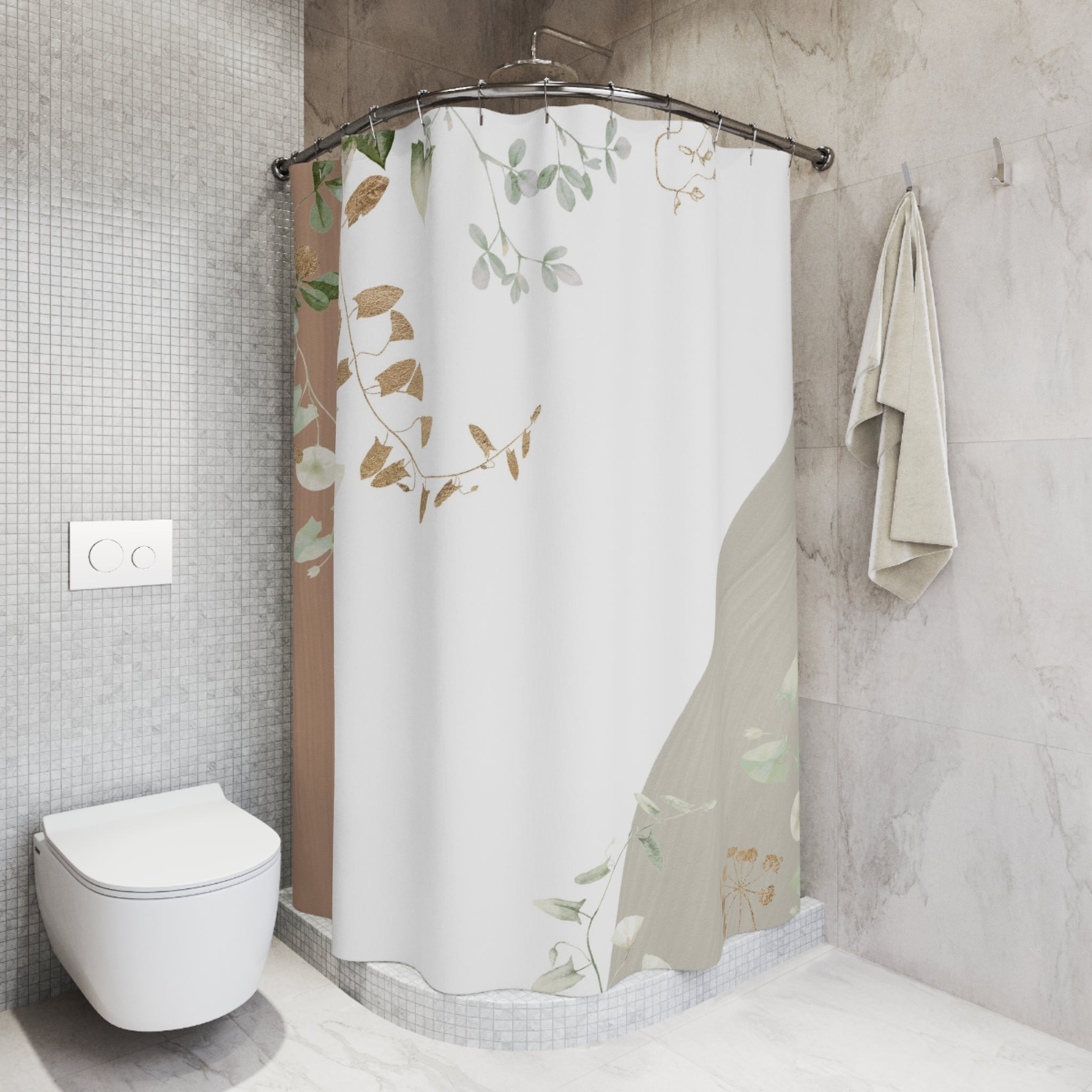 White Shower Curtain | Floral, Beige Grey, Green