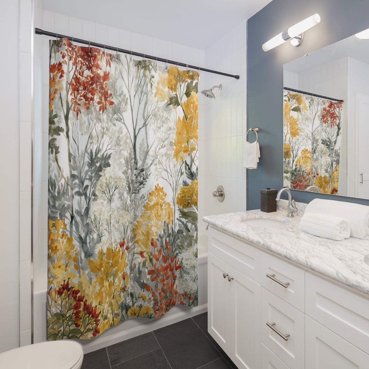 Mustard Rust Autumn Woodland Shower Curtain, Bath Curtain 71x74