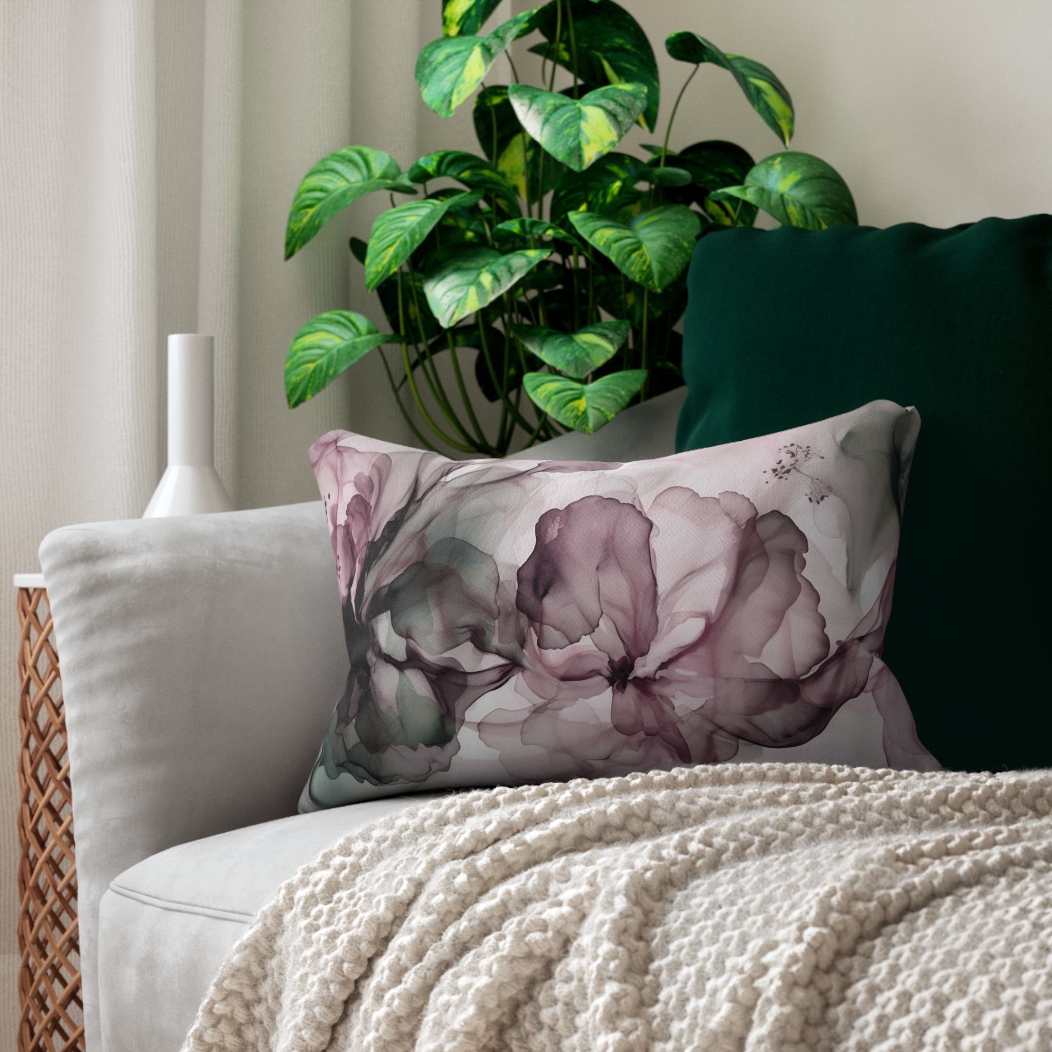 Abstract Floral Lumbar Pillow Alcohol Ink, Mauve Grey White Watercol