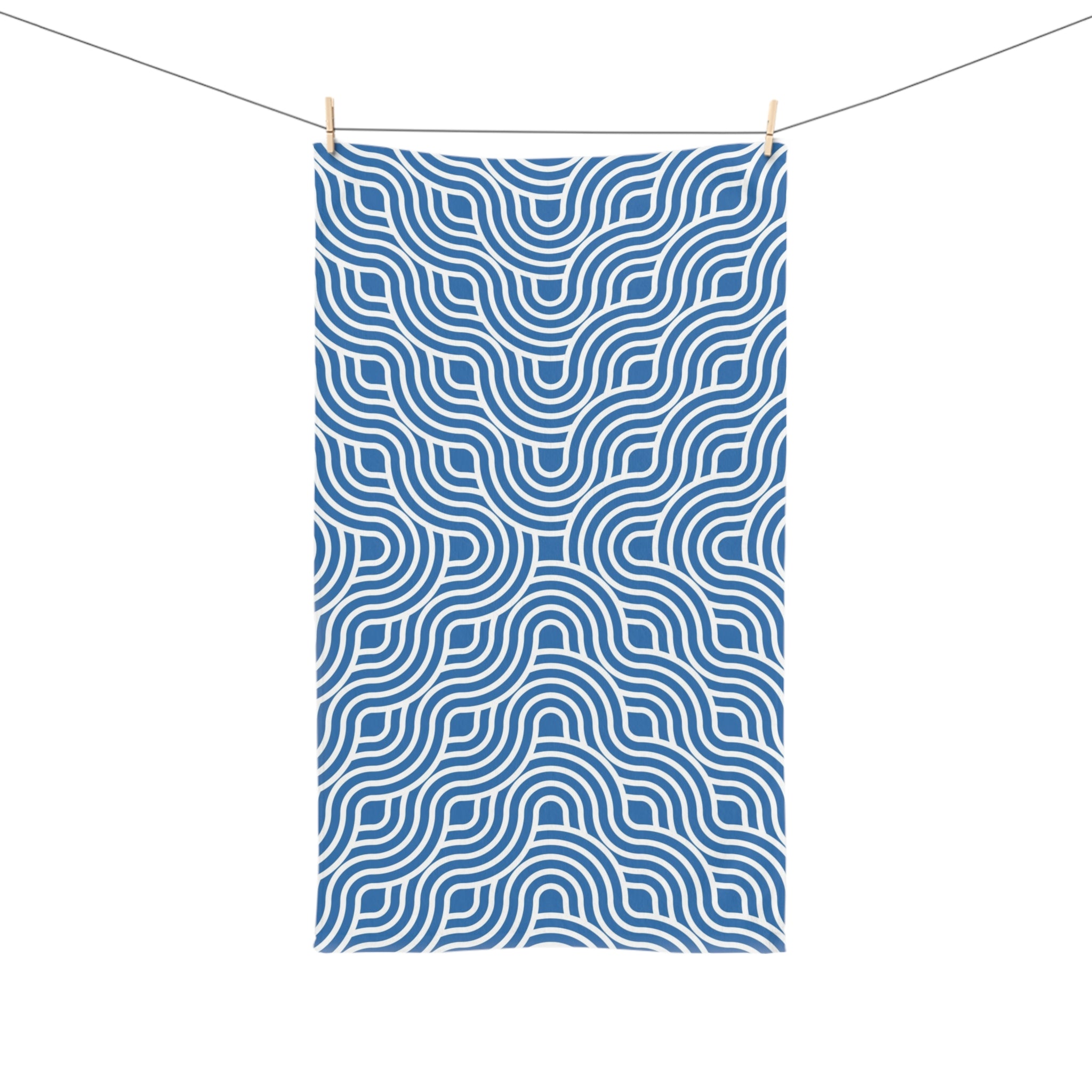 Art Deco Kitchen, Bath Hand Towel | Retro Blue White, Art Nouveau Waves