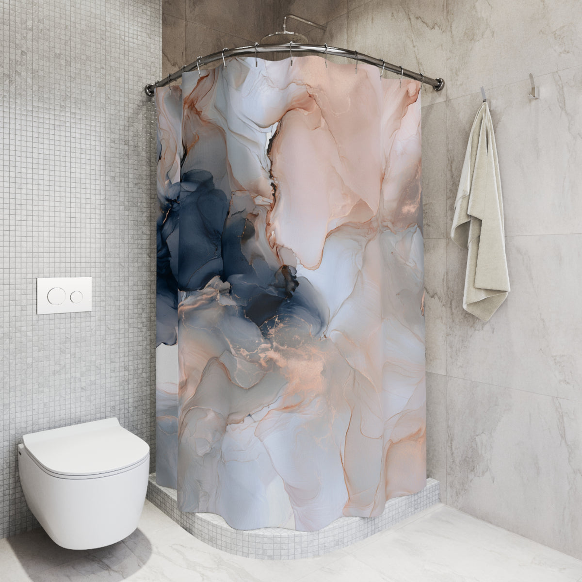 a bathroom with a marble-like shower curtain, a white toilet, and a towel rack.