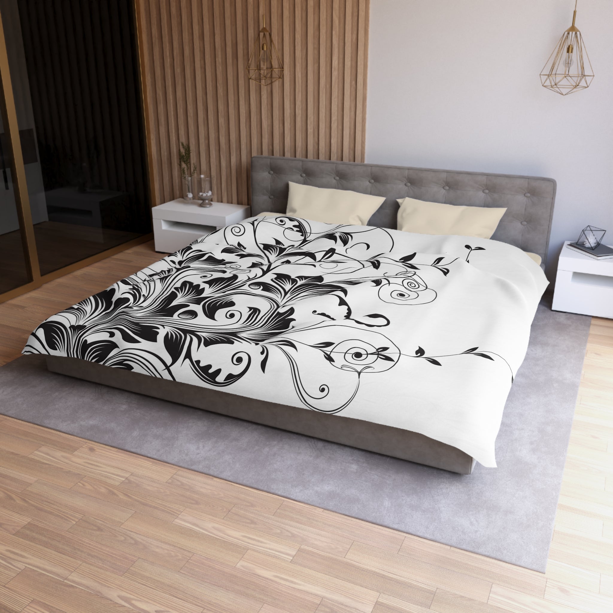 Black White Floral Duvet Cover | Minimalist Blanket Cover | Bedroom Decor