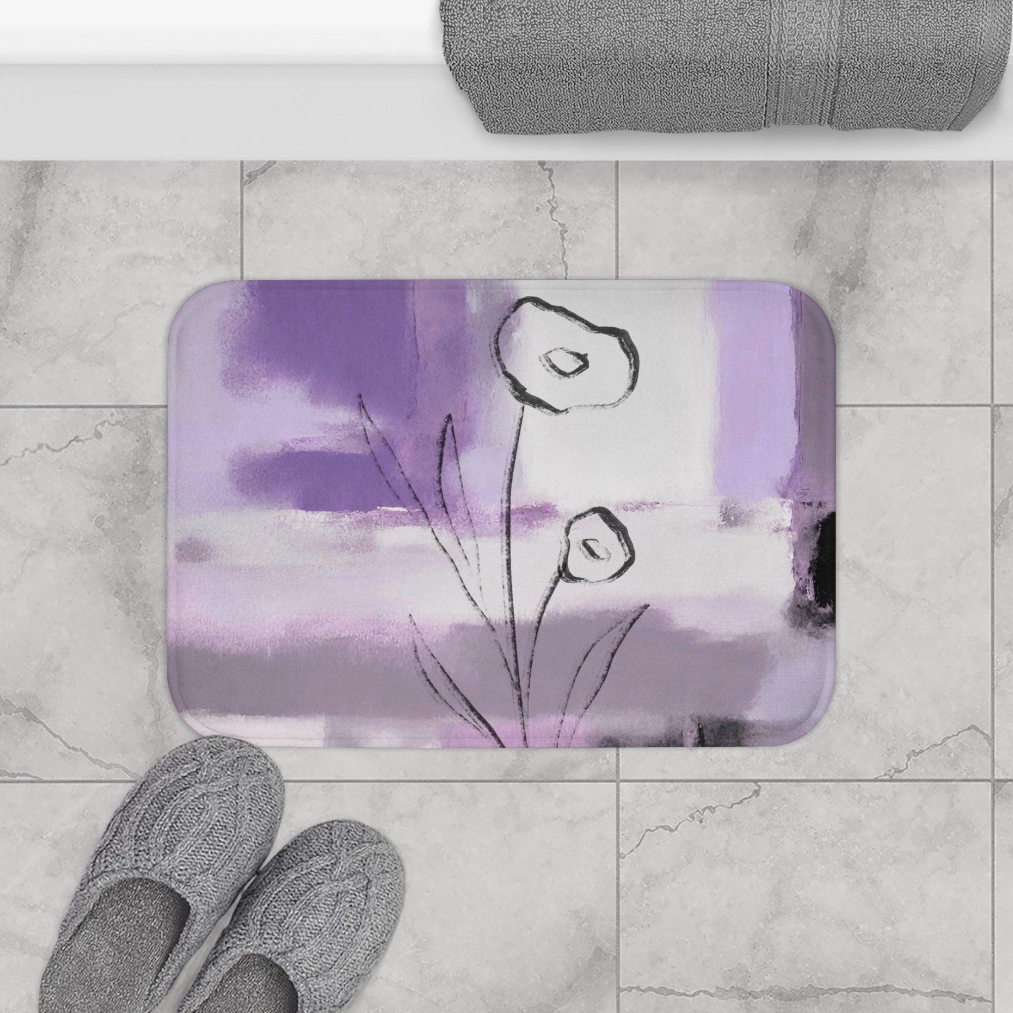Boho Abstract Bath Mat | Lavender Lilac Purple, Black Kitchen Mat