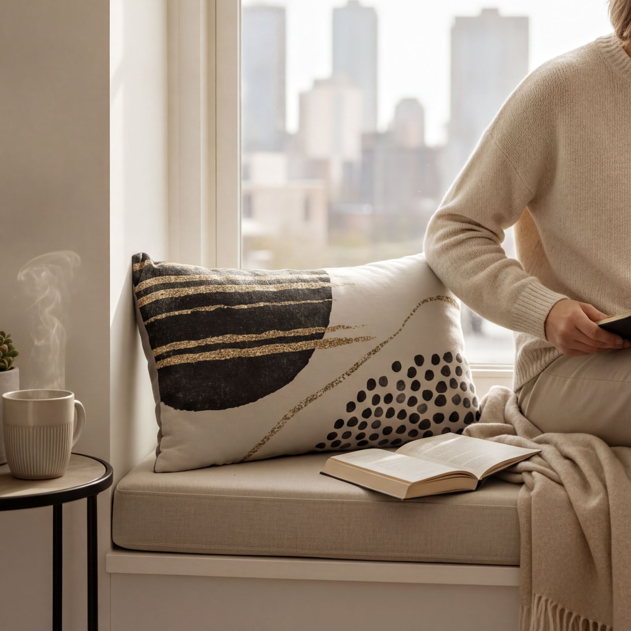 A person is sitting on a window seat, reading a book and holding a cup of coffee, with a cityscape visible through the window.