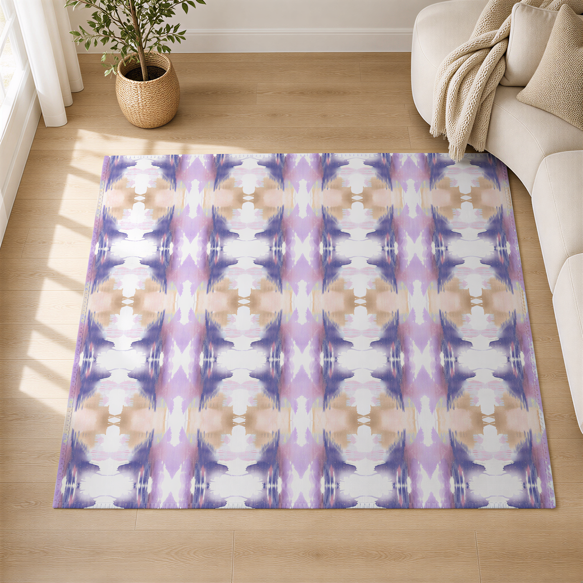a large, colorful rug with a repeating pattern of purple and pink hues, placed on a wooden floor in a living room setting.