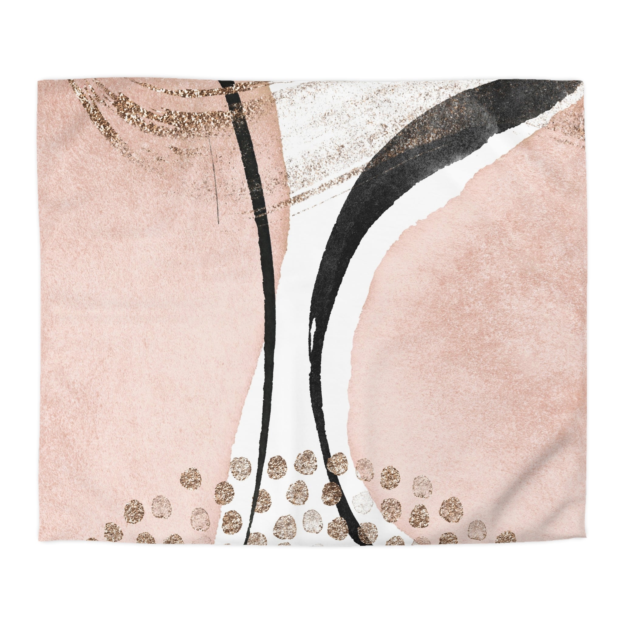 The image is a abstract art piece with a combination of pink, black, and white colors, along with scattered gold glitter dots.