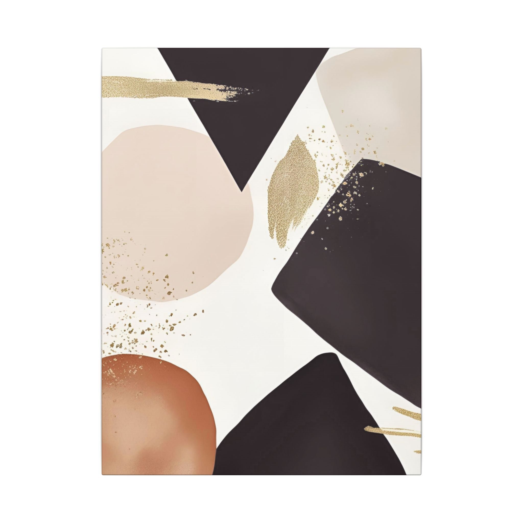 The image is a modern abstract art piece featuring a variety of shapes and colors, including shades of black, brown, and beige. The composition includes a mix of geometric and organic forms, creating a visually striking and dynamic composition.