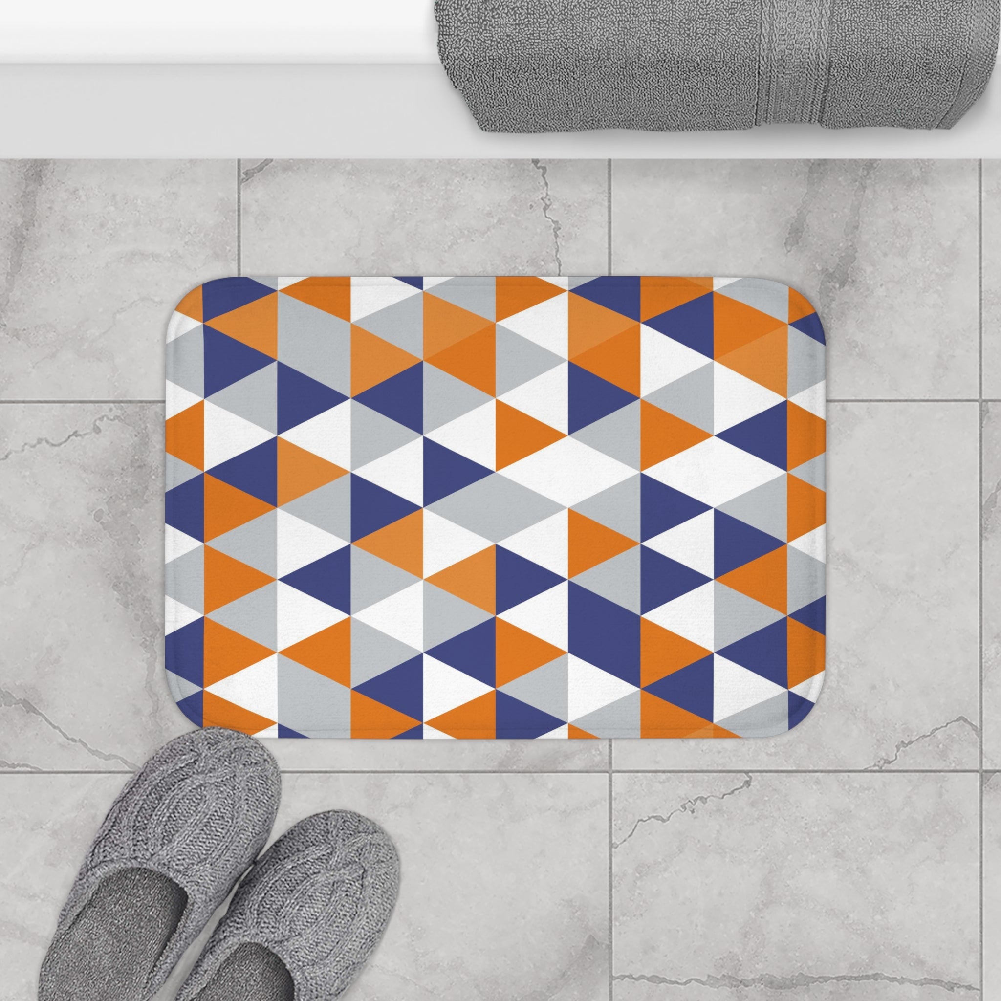 Abstract Bath, Kitchen Mat, Rug | Orange Blue Gray White Geometric
