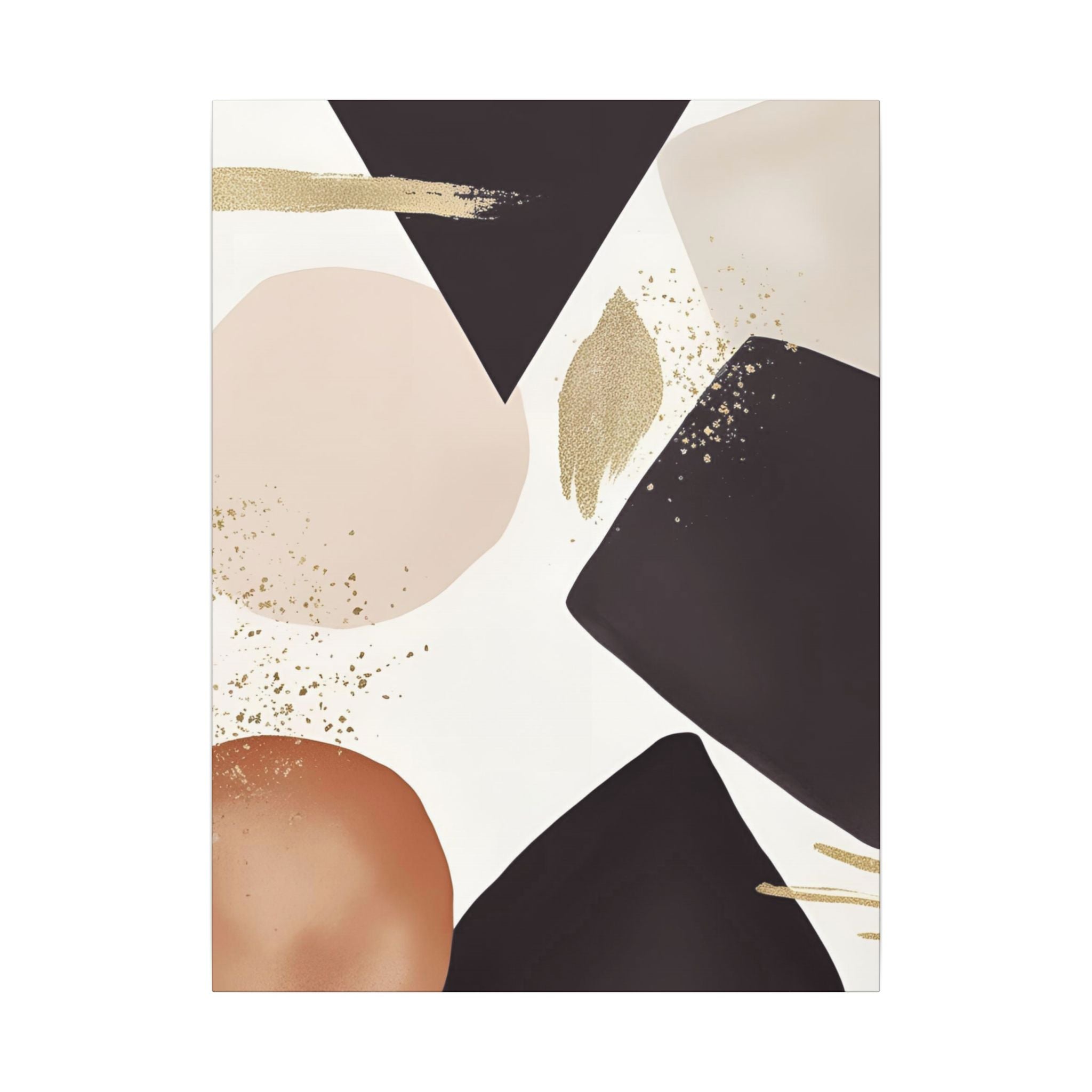 The image is a modern abstract art piece featuring a variety of shapes and colors, including black, gold, and pink.