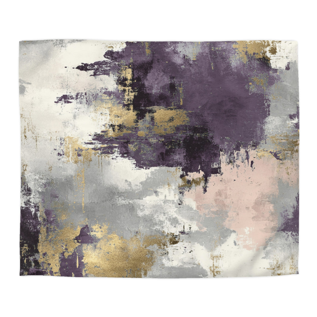 The image is an abstract painting with a mix of purple, gold, and white colors. The painting has a textured and expressive appearance, with brushstrokes and splatters creating a dynamic and visually interesting composition.