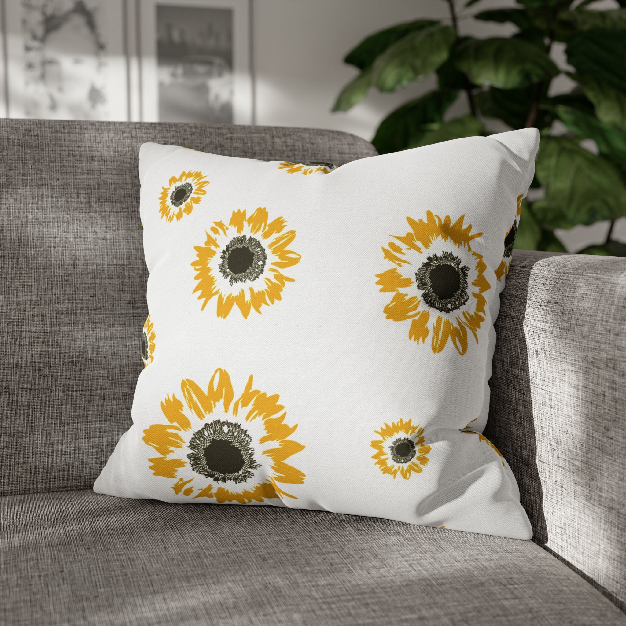 Sunflower Throw Pillow Cover | White Yellow Minimalist Floral