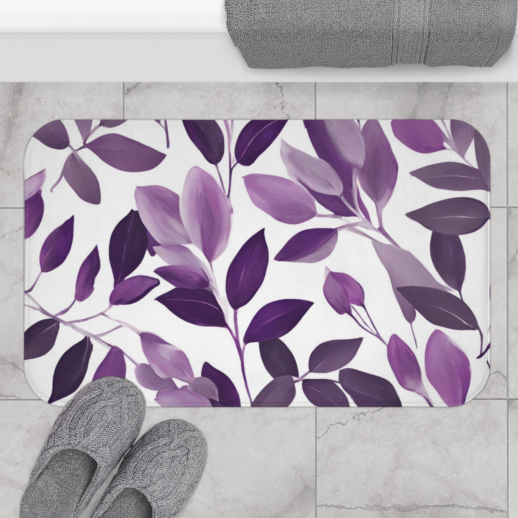 Purple Leaves Bath Mat | White Floral Kitchen Mat