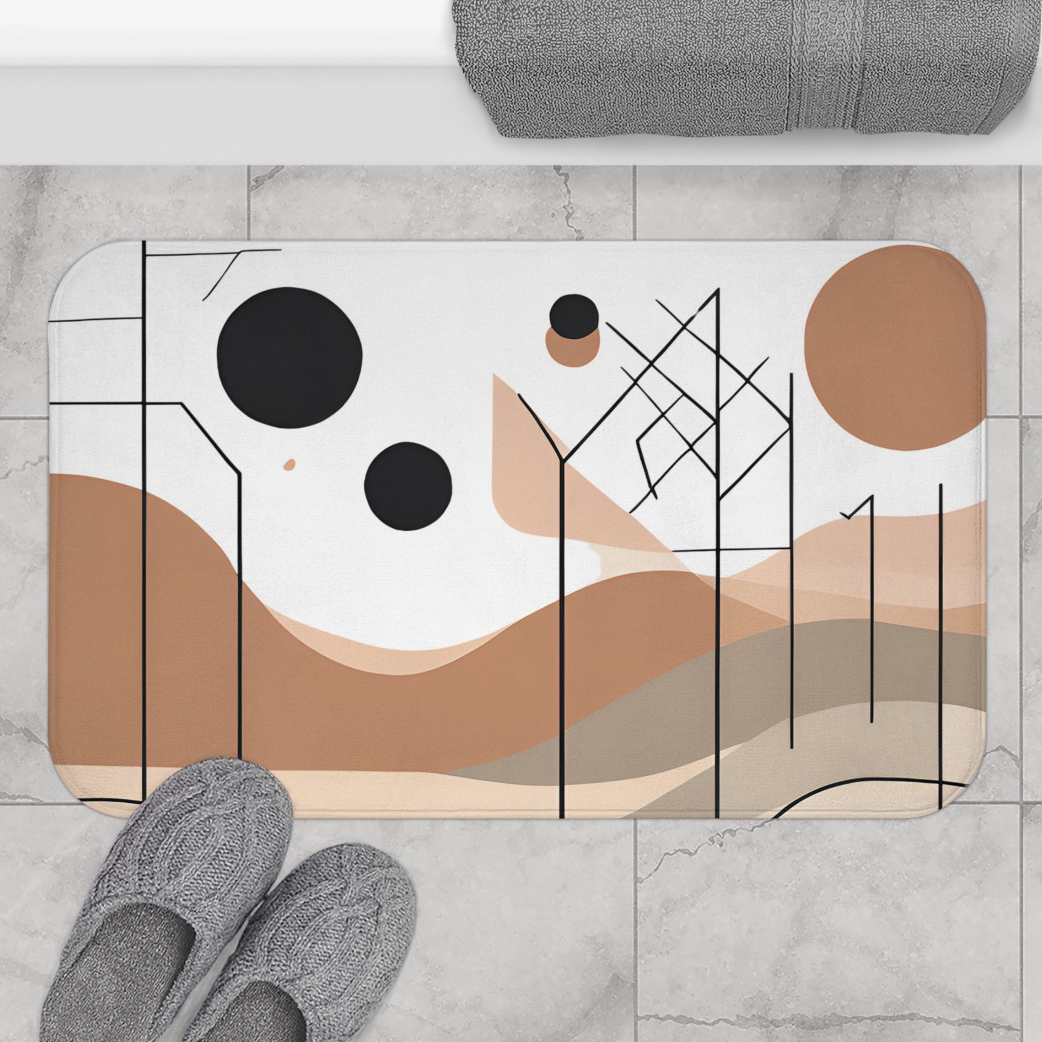 Boho Geometric Bath Mat | Beige Black Tan, White Kitchen Mat