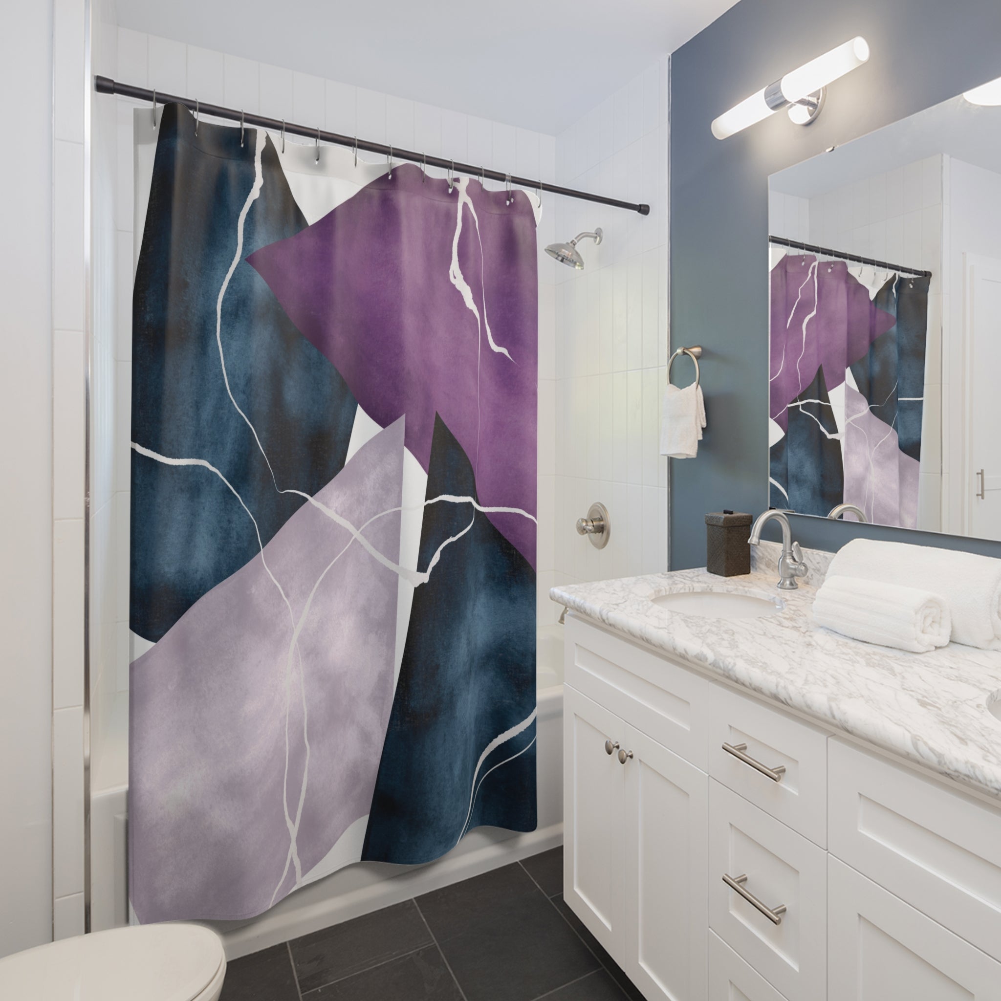 Abstract Shower Curtain | Navy Blue, Lilac Lavender Purple