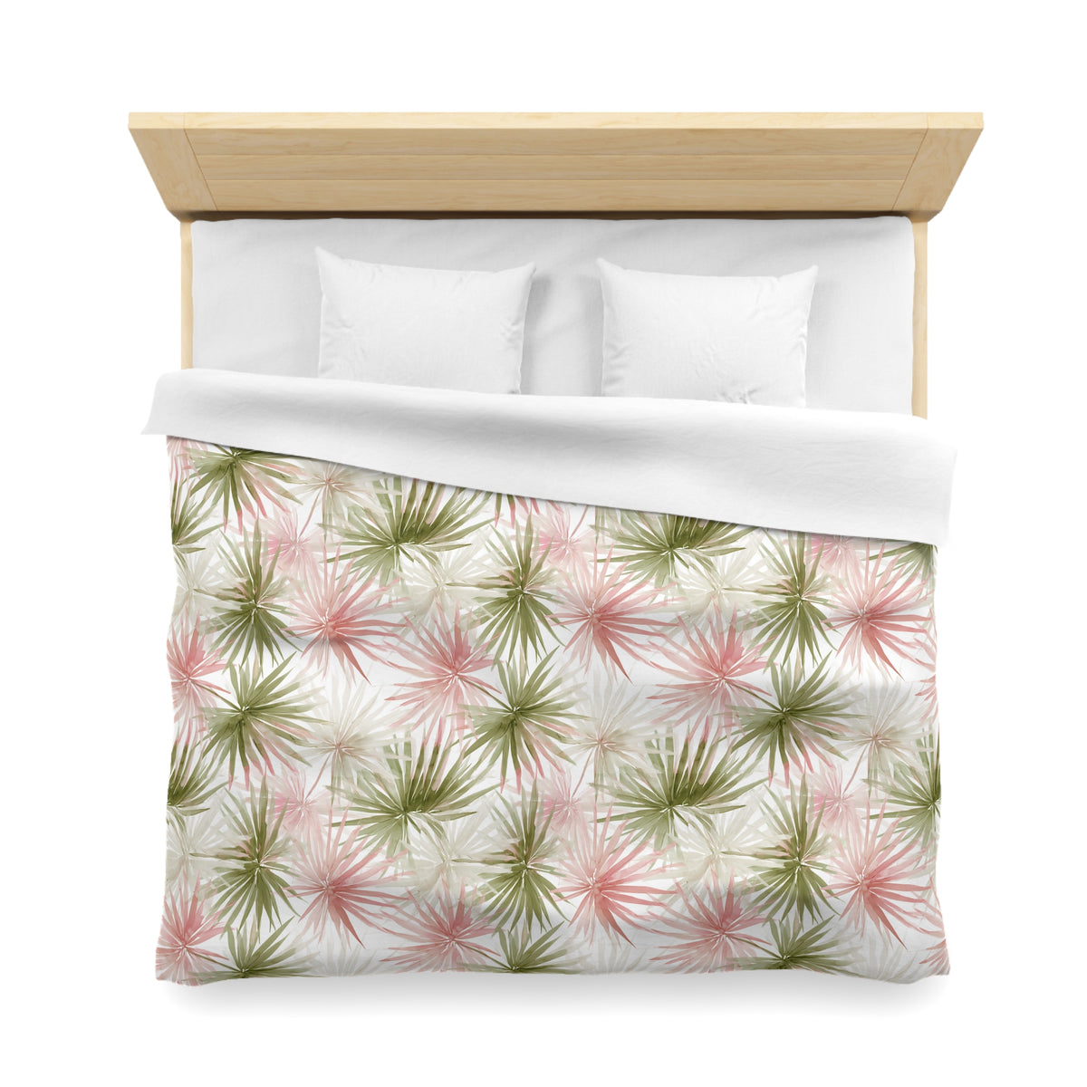 a neatly made bed with a white comforter and a colorful, tropical-themed bedspread featuring palm leaves in shades of pink, green, and white.