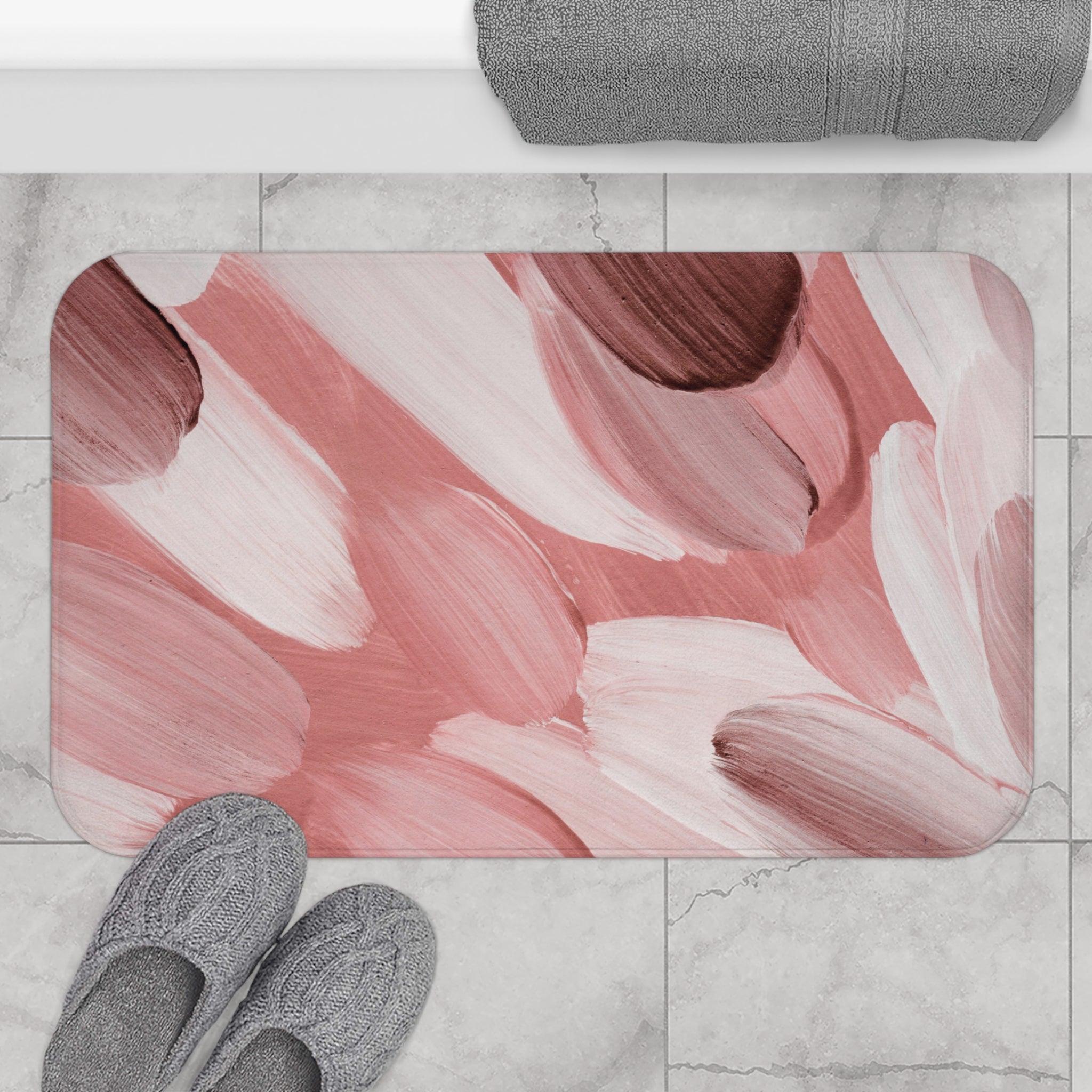 Abstract Bath Mat | Blush Rose Pink, White Kitchen Mat