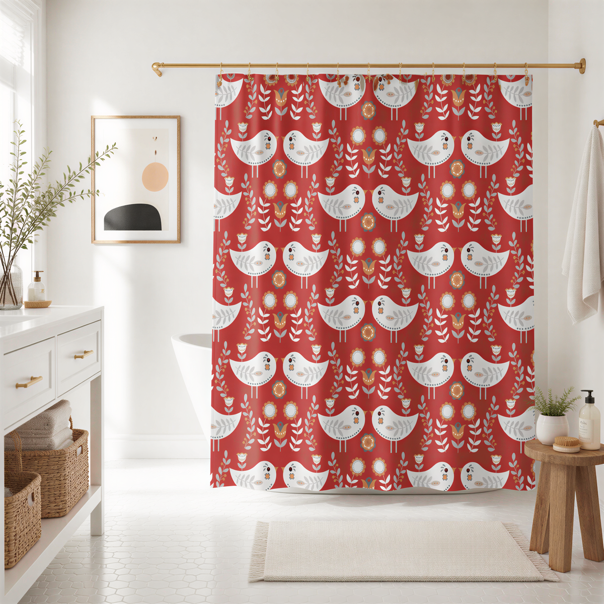 a bathroom with a red shower curtain adorned with a repeating pattern of white birds and flowers. The shower curtain is hanging from a rod, and there is a wooden stool in the foreground. The bathroom has a white countertop, and a framed picture is visible on the wall.