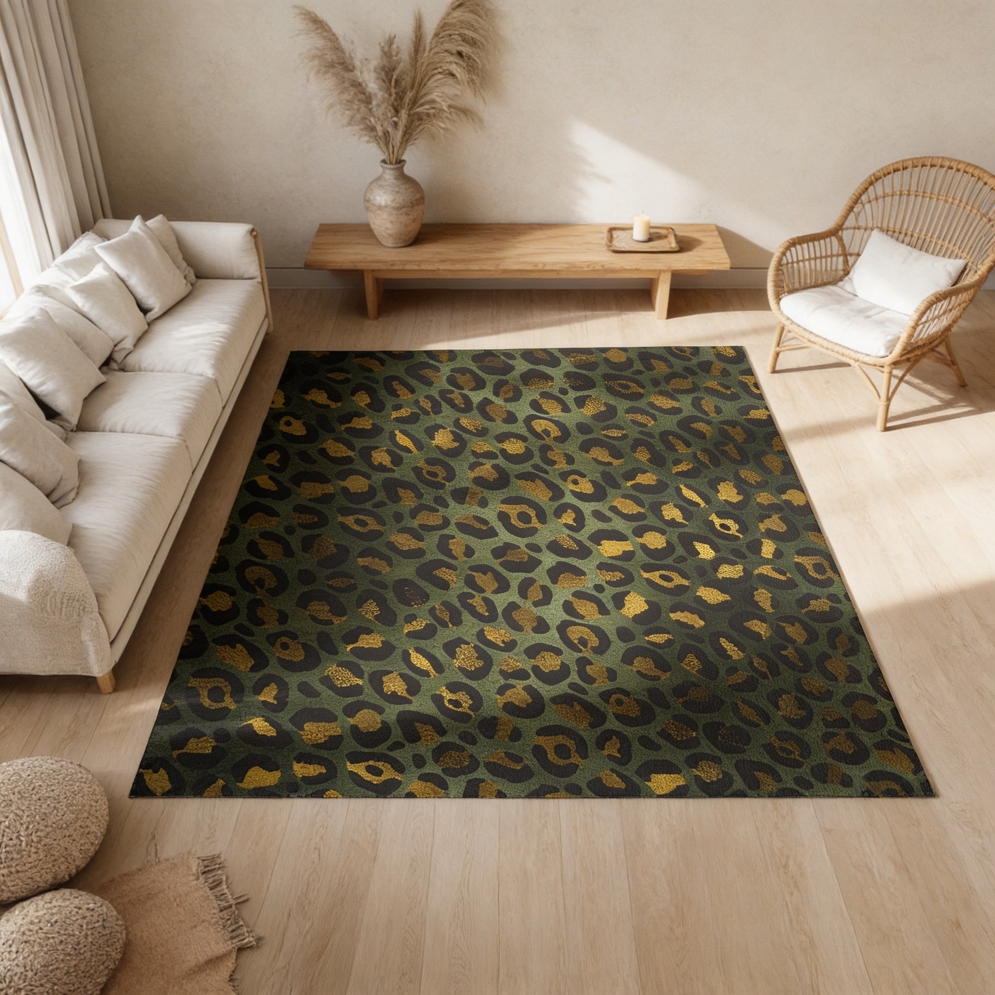 a living room with a large, green and gold leopard print rug on the floor, a white sofa, a wooden coffee table, and a woven chair.