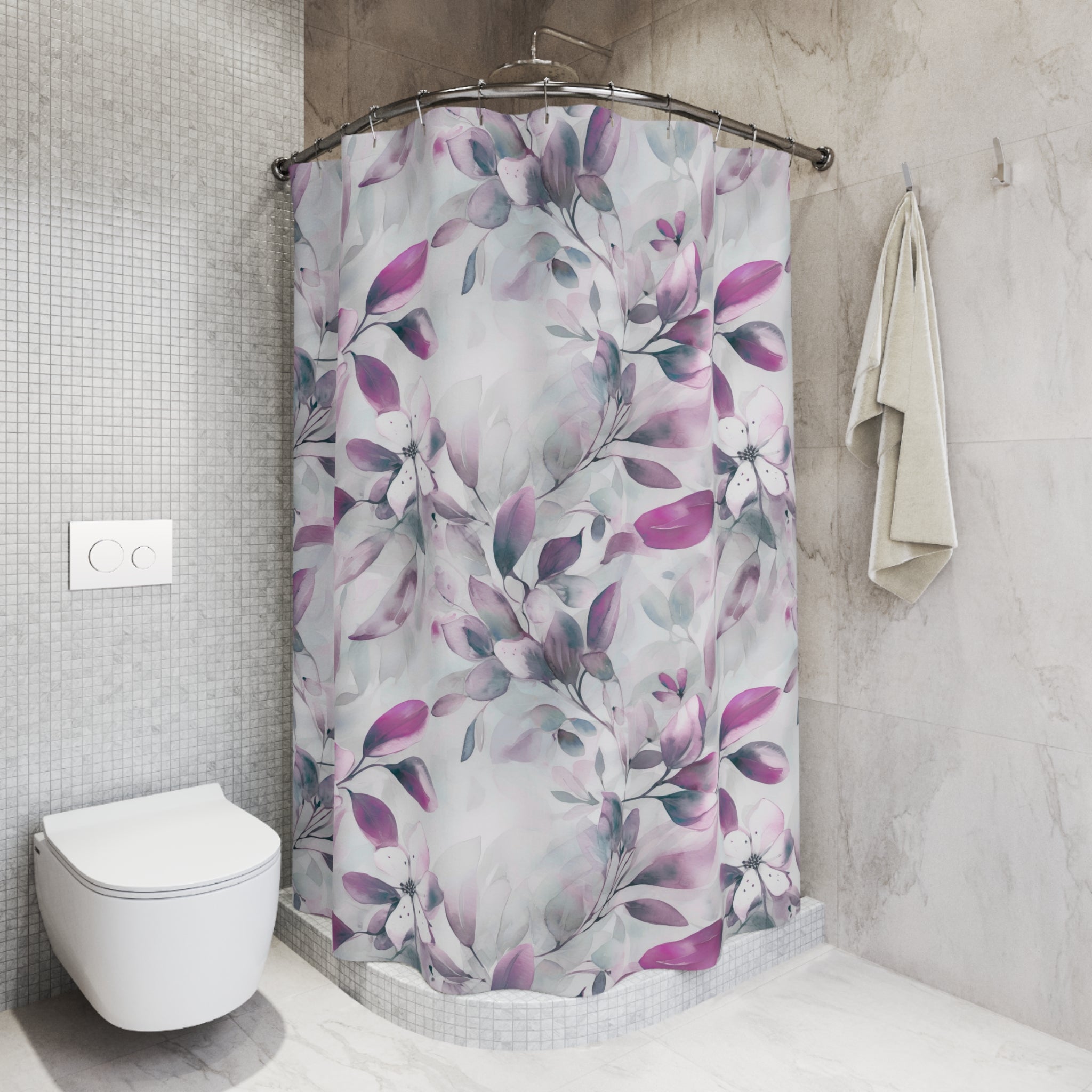 Boho Floral Shower Curtain | Pink Grey Leaves Bathroom