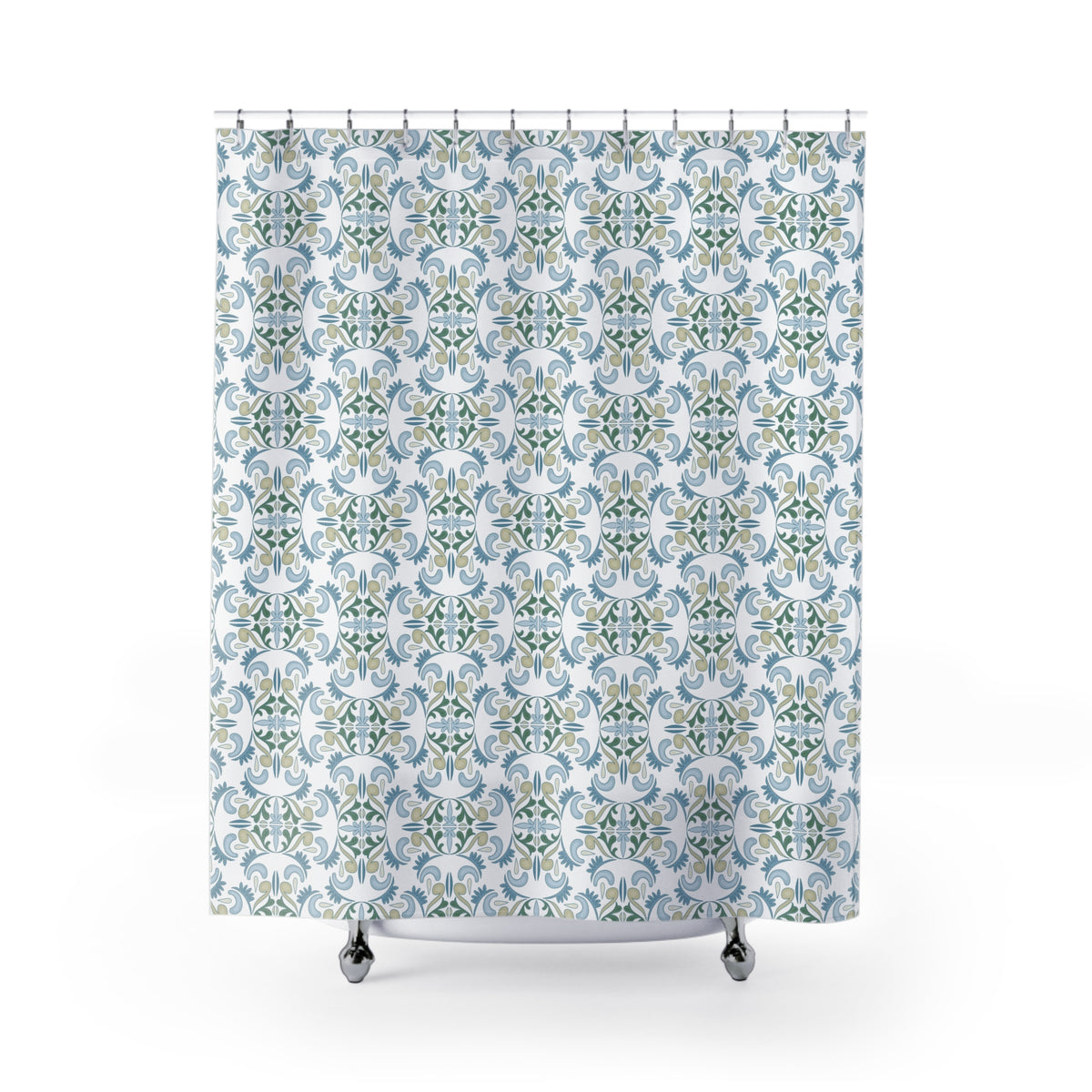 a shower curtain with a repeating pattern of blue and green floral designs.