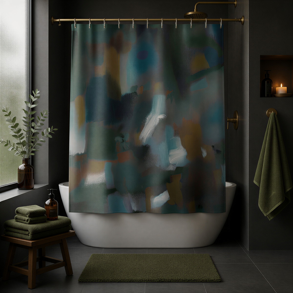 a modern bathroom with a large abstract painting hanging above a white bathtub. The bathroom has a green towel and a potted plant, creating a serene and relaxing atmosphere.