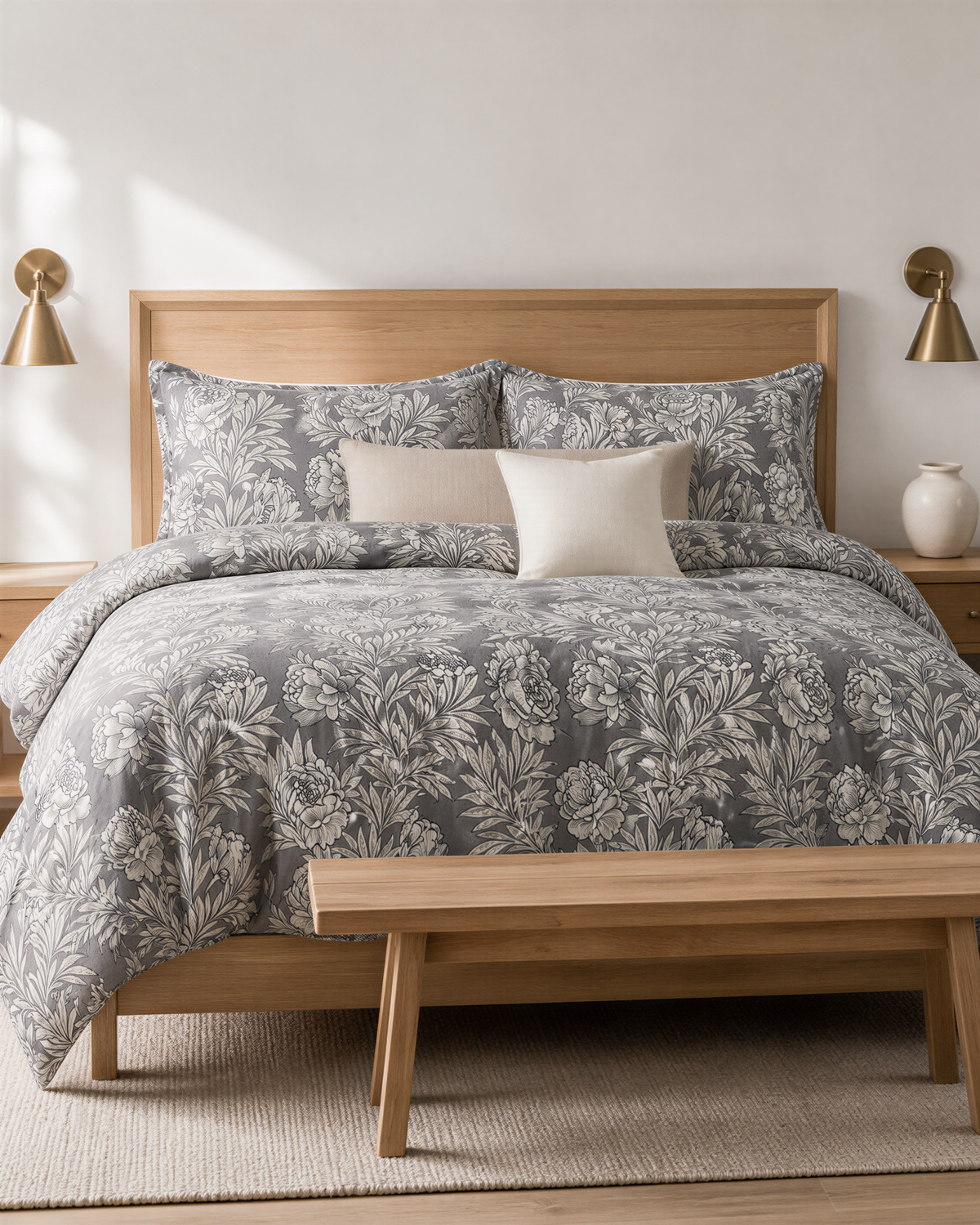 a well-made bed with a gray and white floral comforter and matching pillows, flanked by two wall sconces. The bed is set against a white wall, and there is a wooden nightstand on either side. The overall scene has a clean and modern aesthetic.