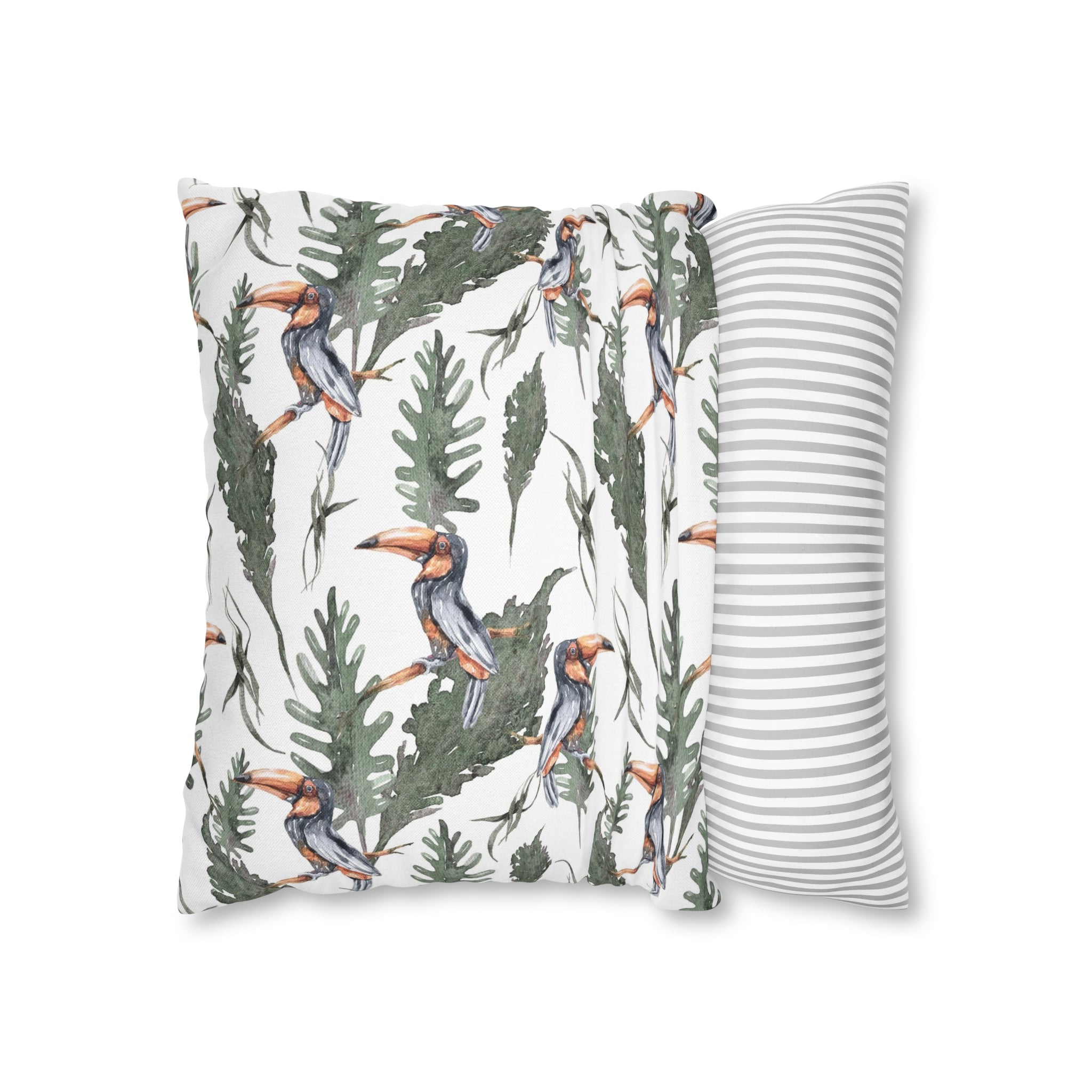 Tropical Tucan Floral Pillow Cover | White Sage Green Jungle Leaves
