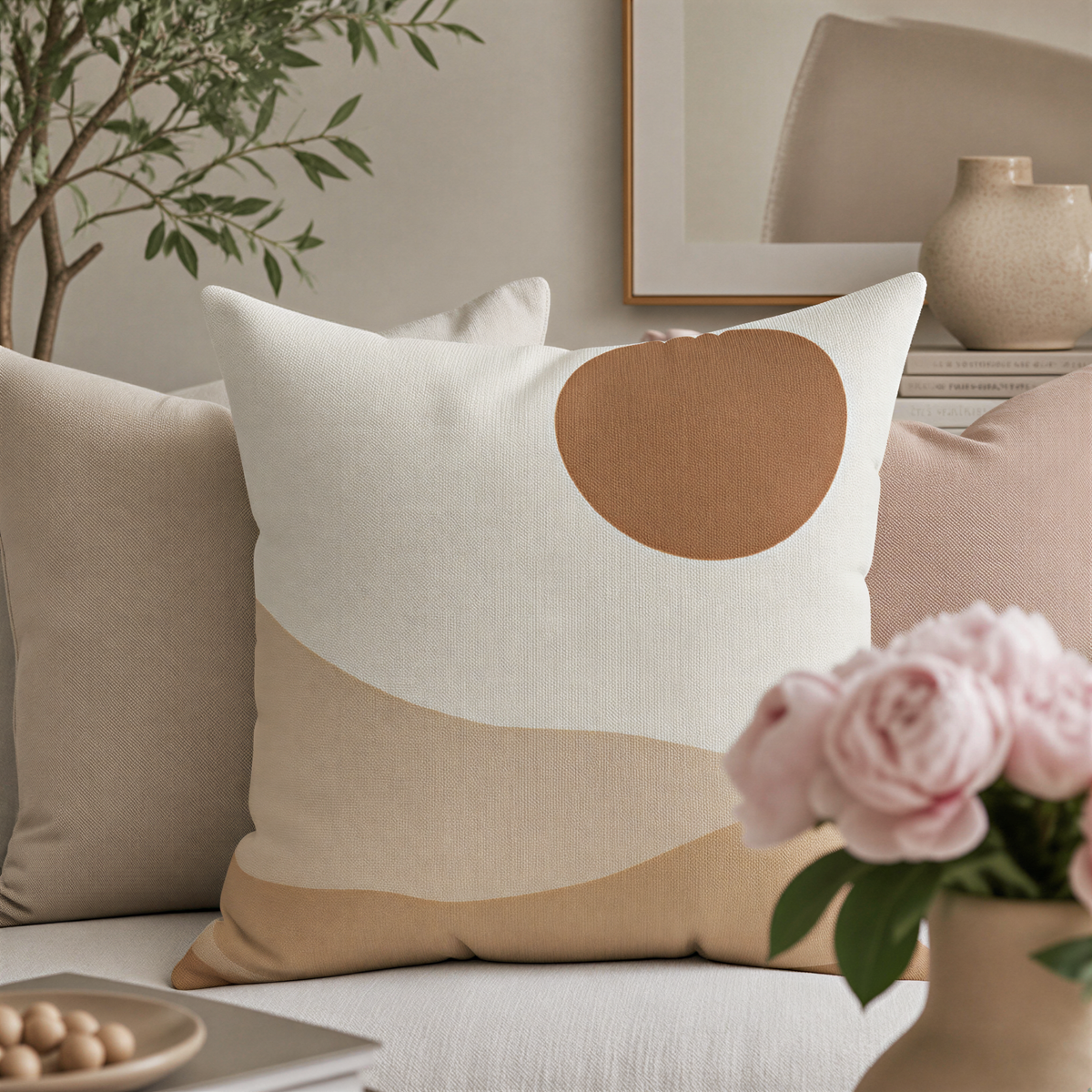 a cozy living room with a beige sofa adorned with three throw pillows, one of which has a unique circular design. In the foreground, there is a vase filled with pink flowers, adding a touch of nature and color to the space. The room also includes a potted plant and a framed picture on the wall, creating a warm and inviting atmosphere.