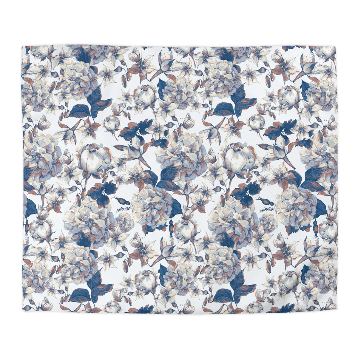 a repeating floral pattern with various types of flowers and leaves in shades of blue, white, and brown.