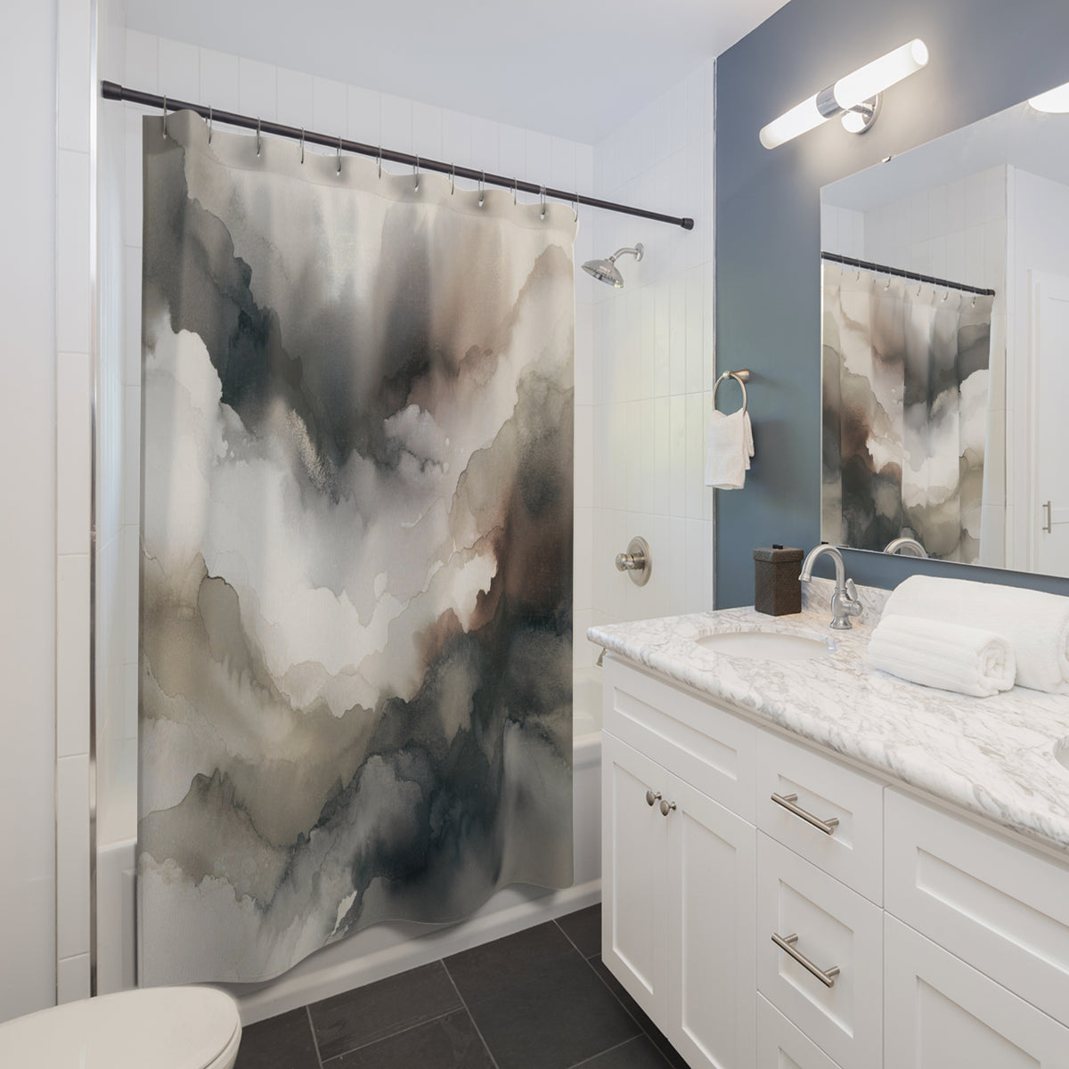 a modern bathroom with a white vanity, a large abstract shower curtain, and a marble countertop.