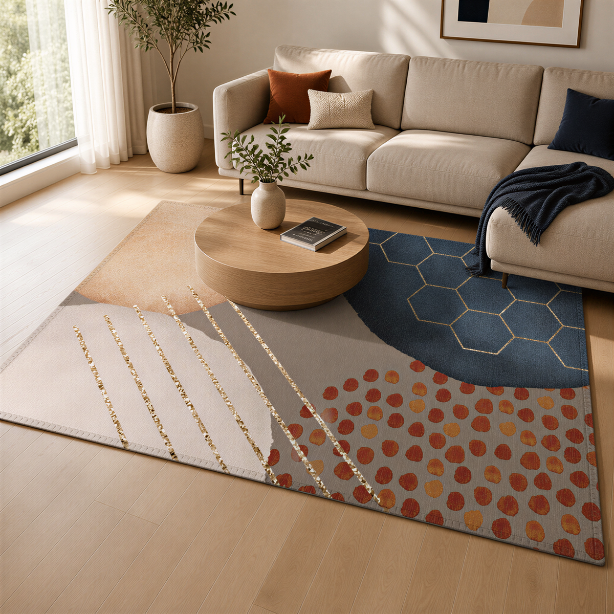 a modern living room with a large, colorful rug featuring geometric patterns in shades of gray, blue, and orange. The room is furnished with a beige sofa, a round wooden coffee table, and a potted plant. A window with white curtains allows natural light to enter the space, creating a warm and inviting atmosphere.