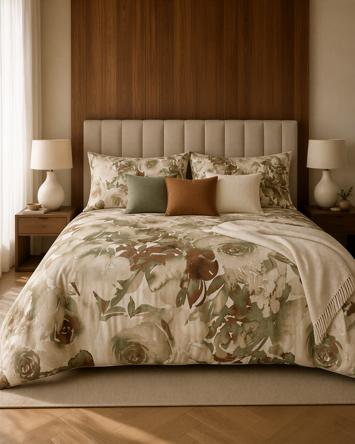 a well-decorated bedroom with a large bed featuring a floral print comforter and pillows. The bed is set against a wooden headboard, creating a cozy and inviting atmosphere. The room also includes two nightstands with lamps, providing ample lighting for the space.