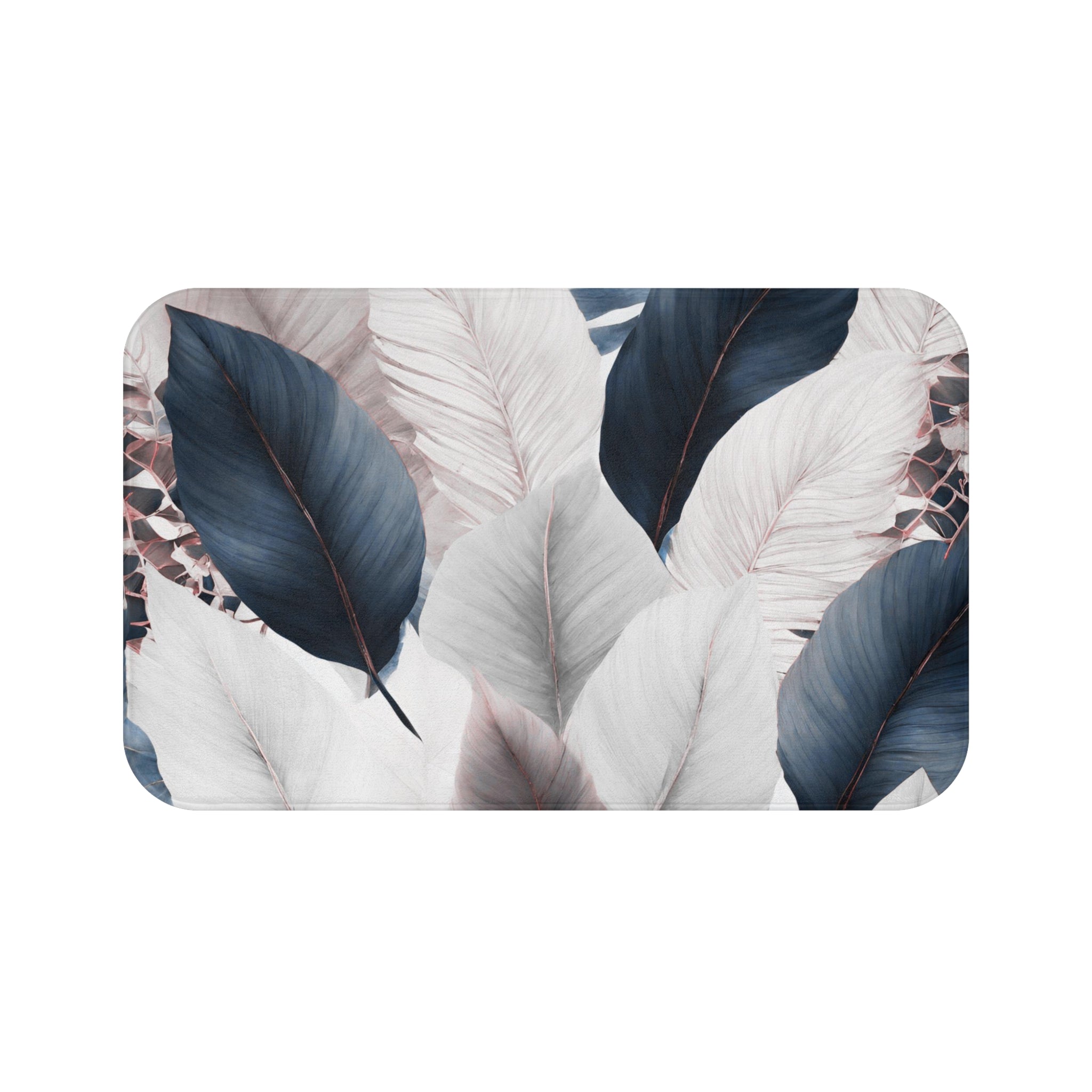 Boho Bath, Kitchen Mat | Modern Navy Blue White Grey, Leaves
