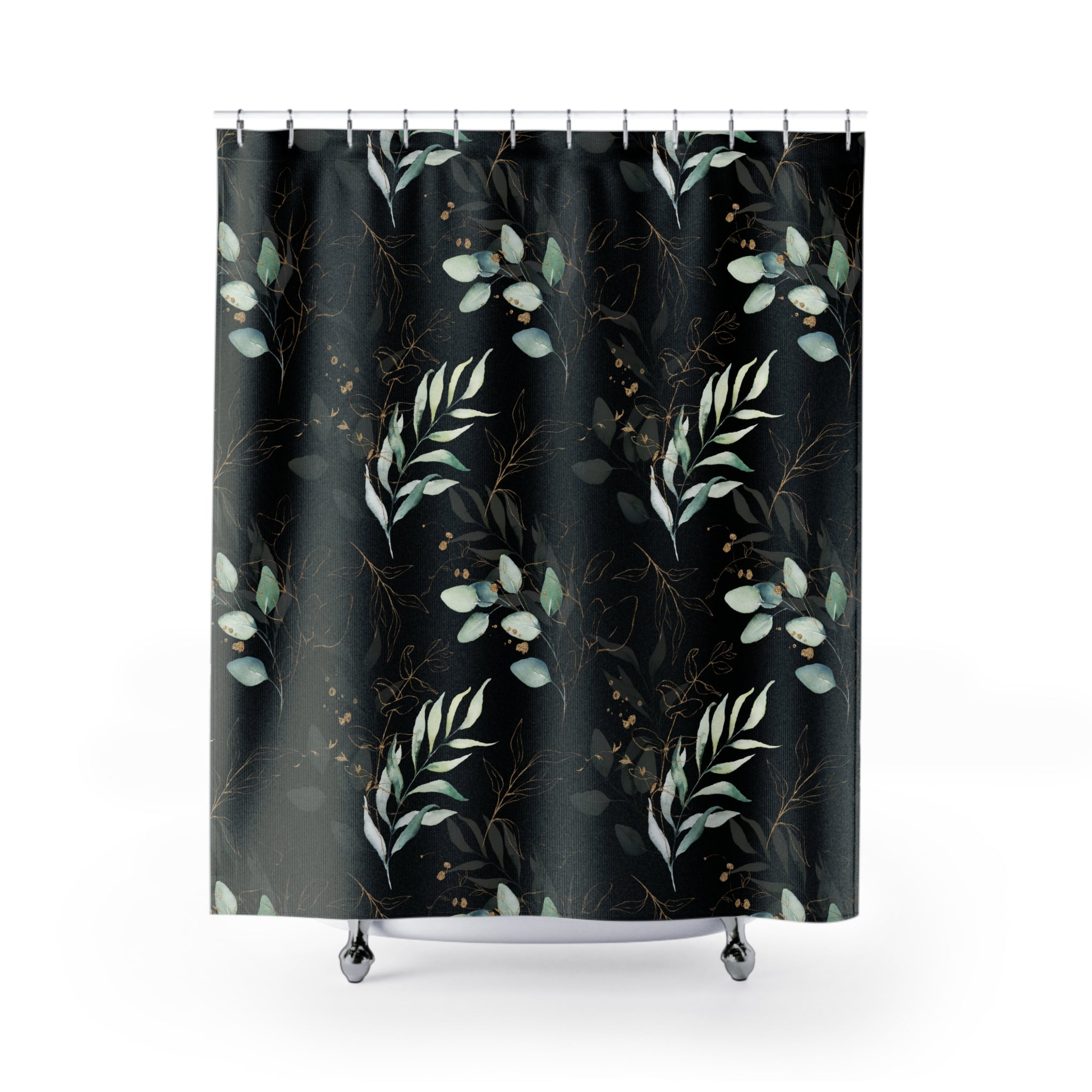Boho Shower Curtain | Black Green Eucalyptus Tropical Leaves