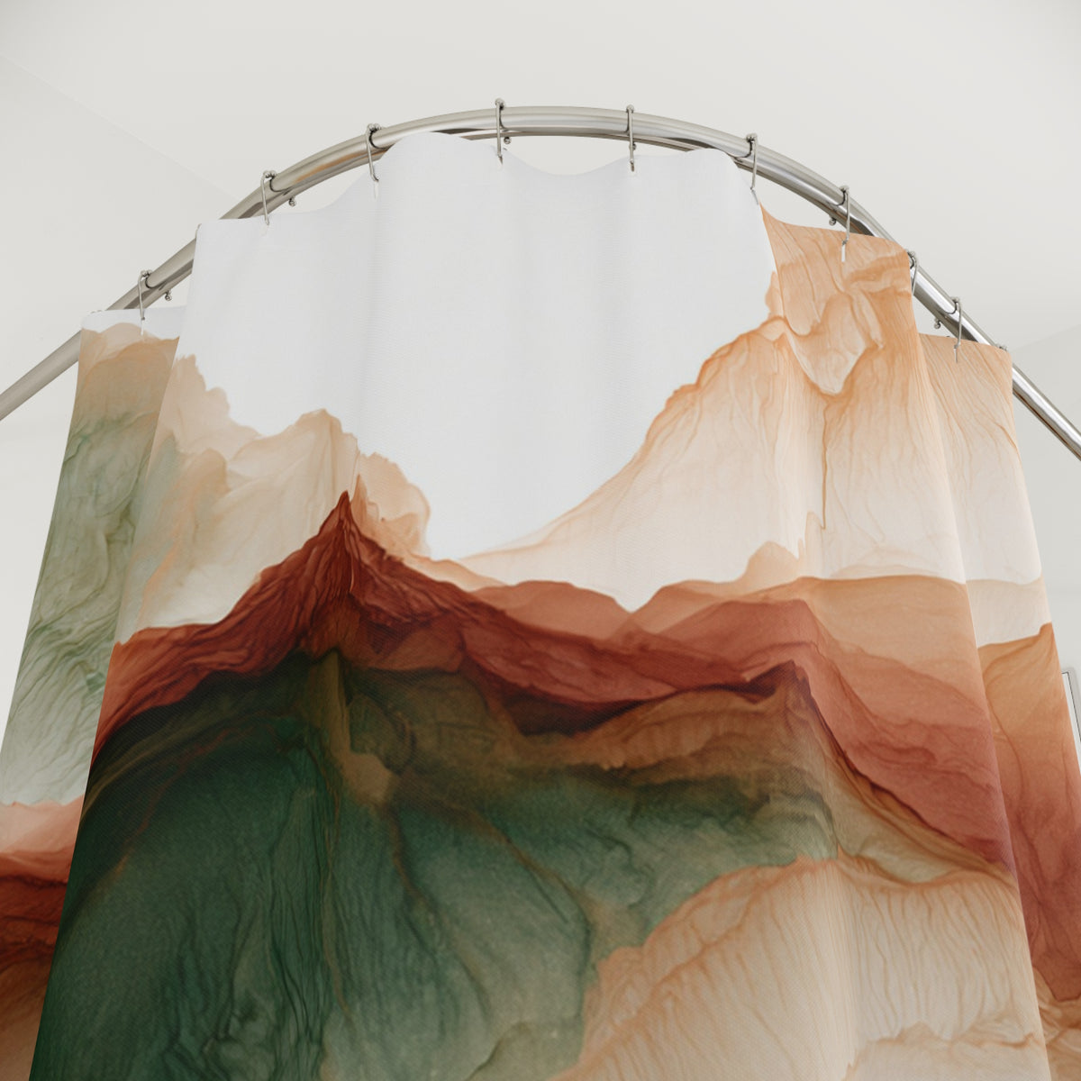 a shower curtain with a colorful abstract mountain landscape design.