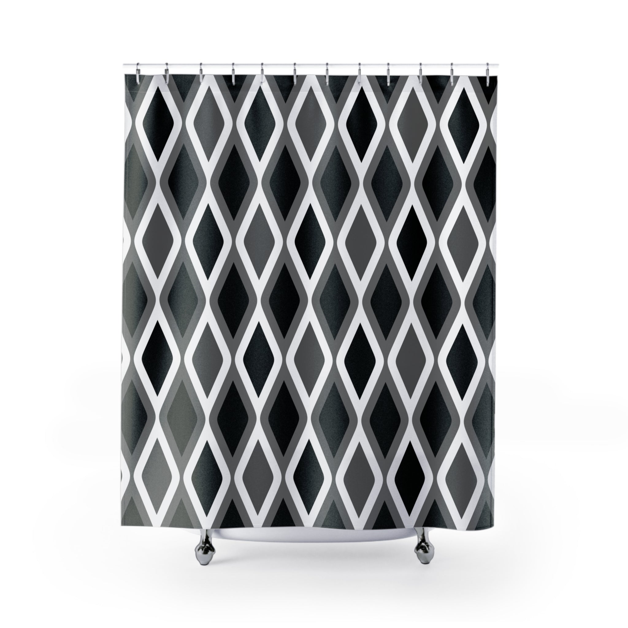 a shower curtain with a repeating diamond pattern in black and white.