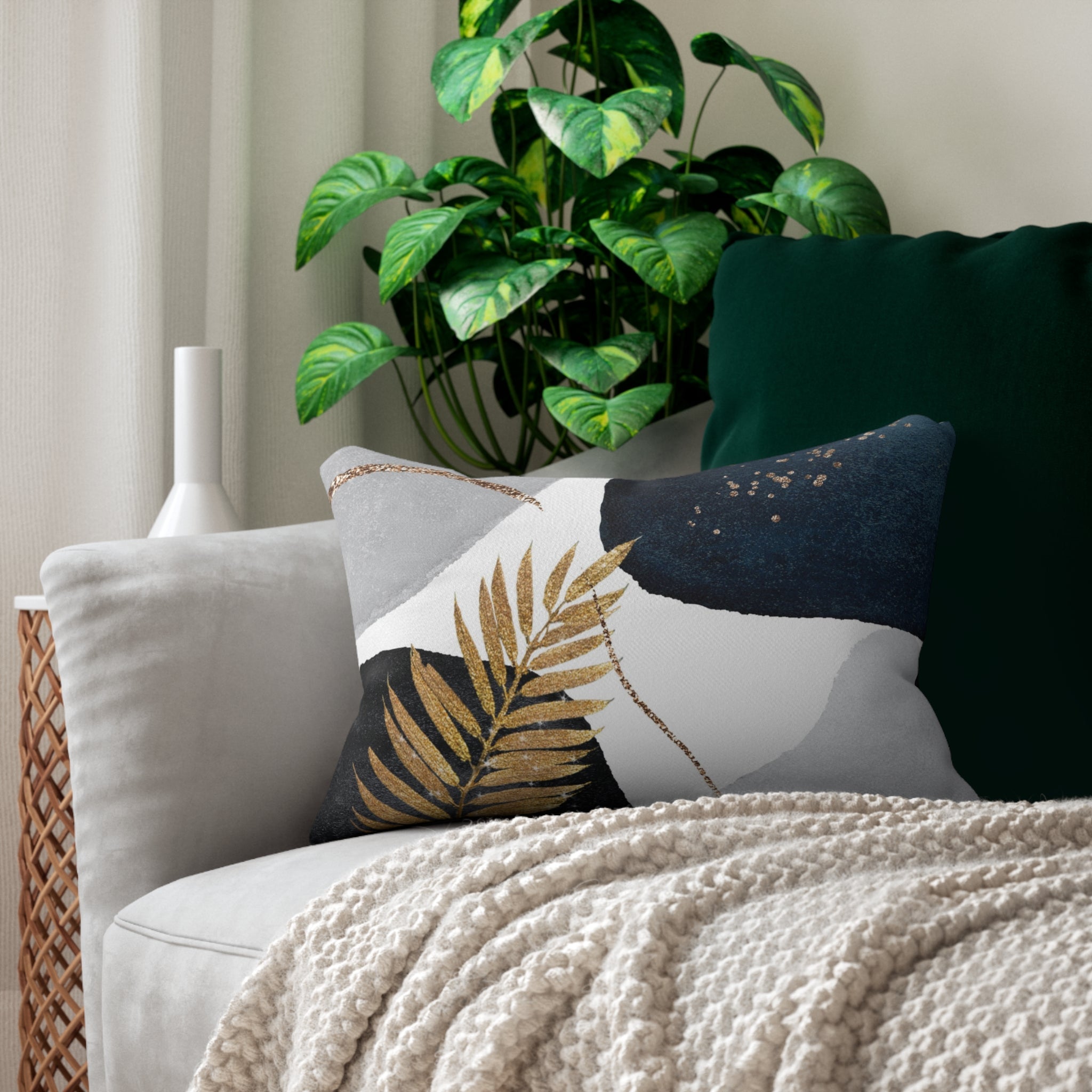 Abstract Lumbar Pillow | Grey Black, Muted Gold Beige Watercolor