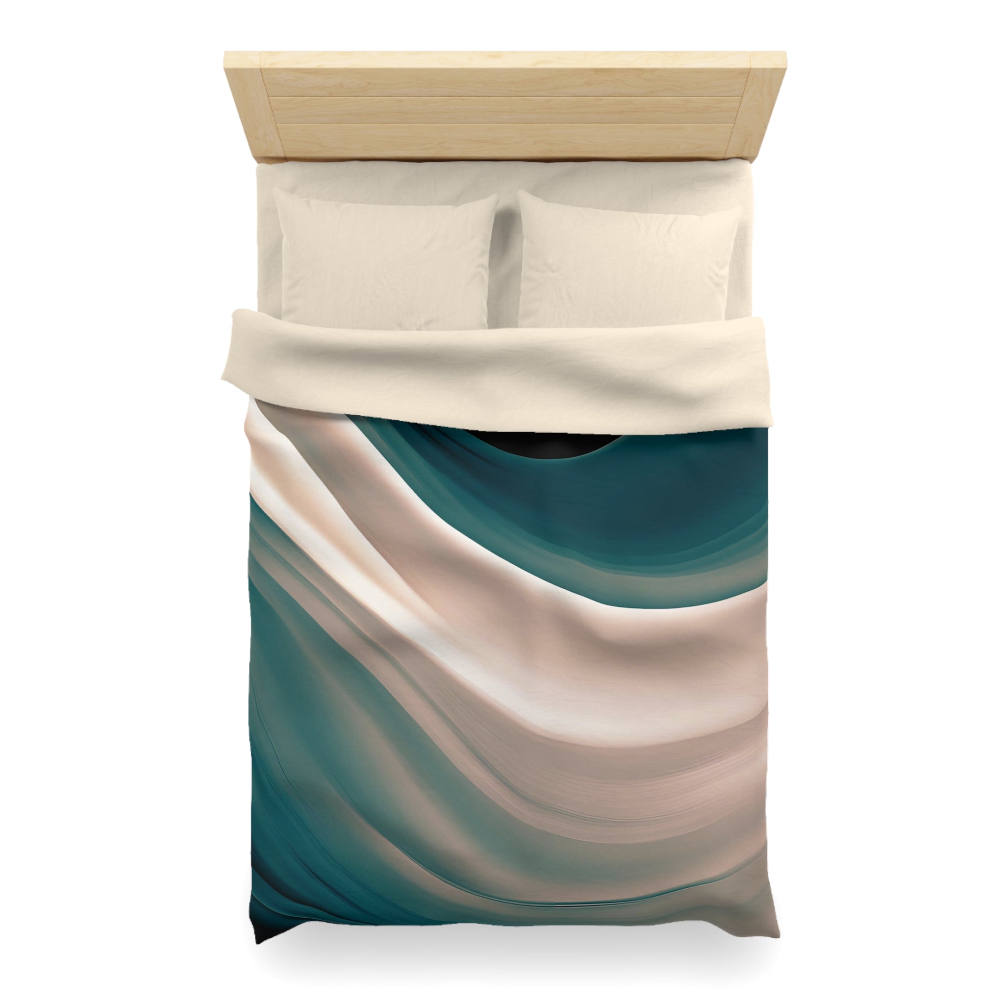 a neatly made bed with a colorful, abstract patterned comforter and pillows.