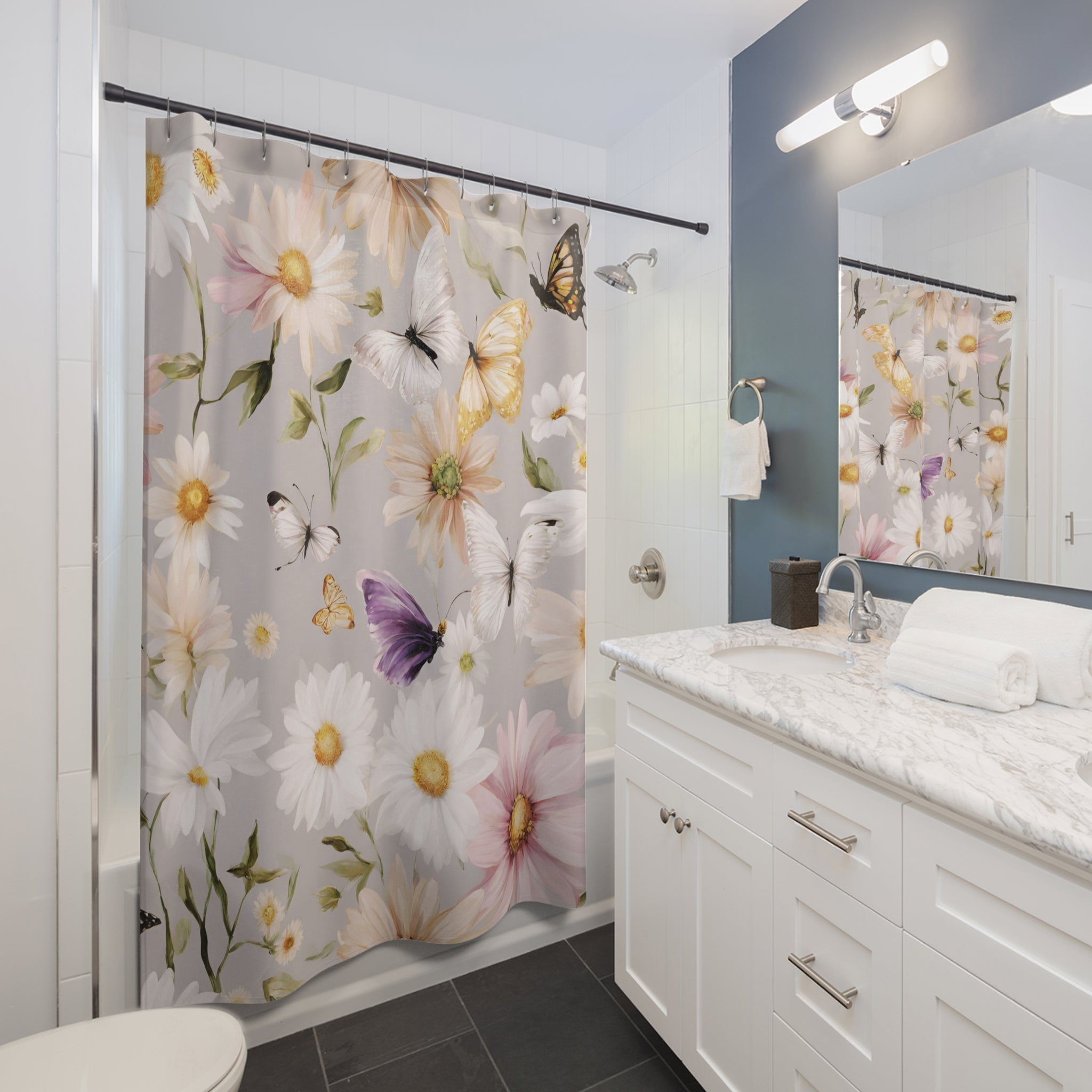 Floral Shower Curtain | Wildflowers, Daisies, White Beige Butterflies