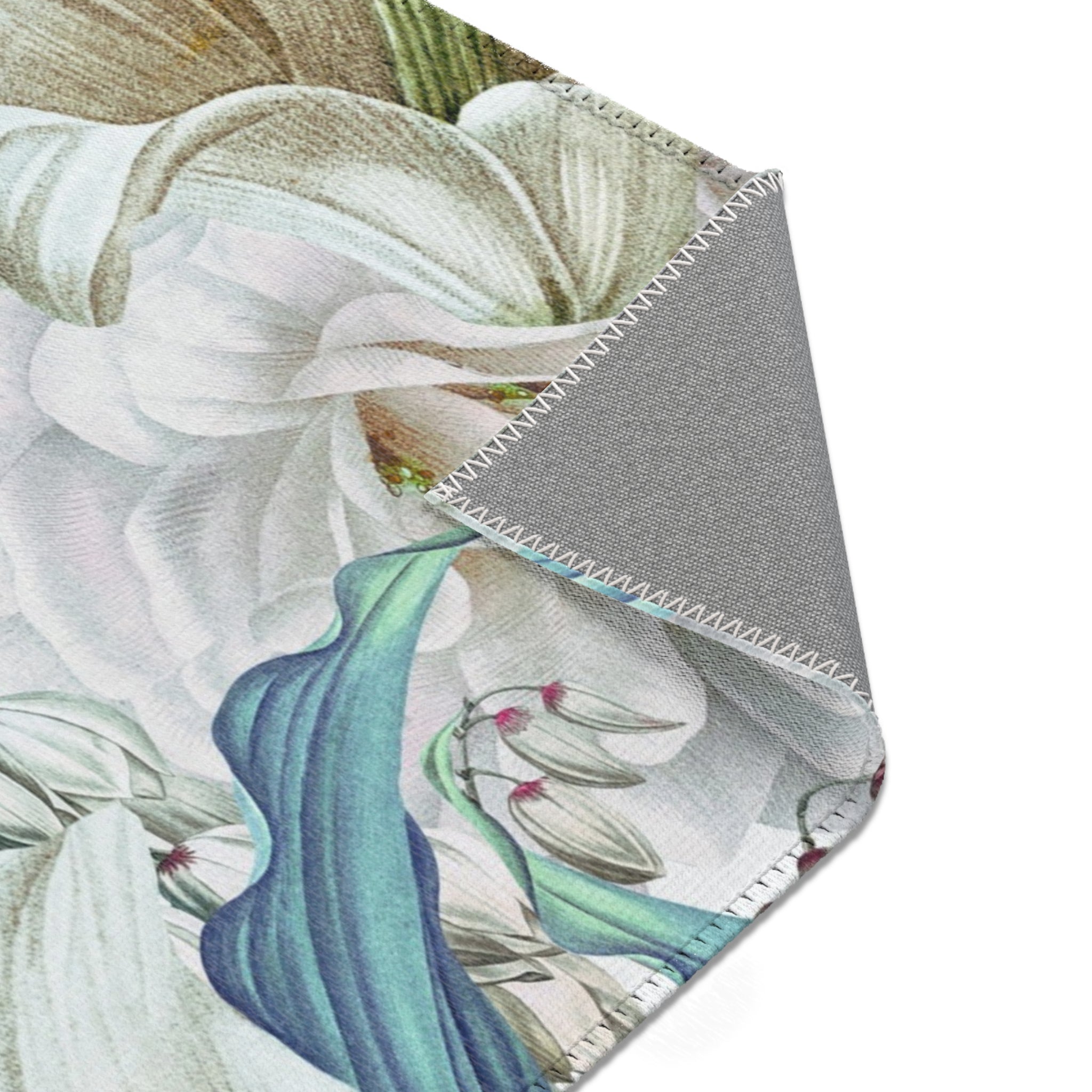 Floral Large Area Rug | Botanical White Teal Blue
