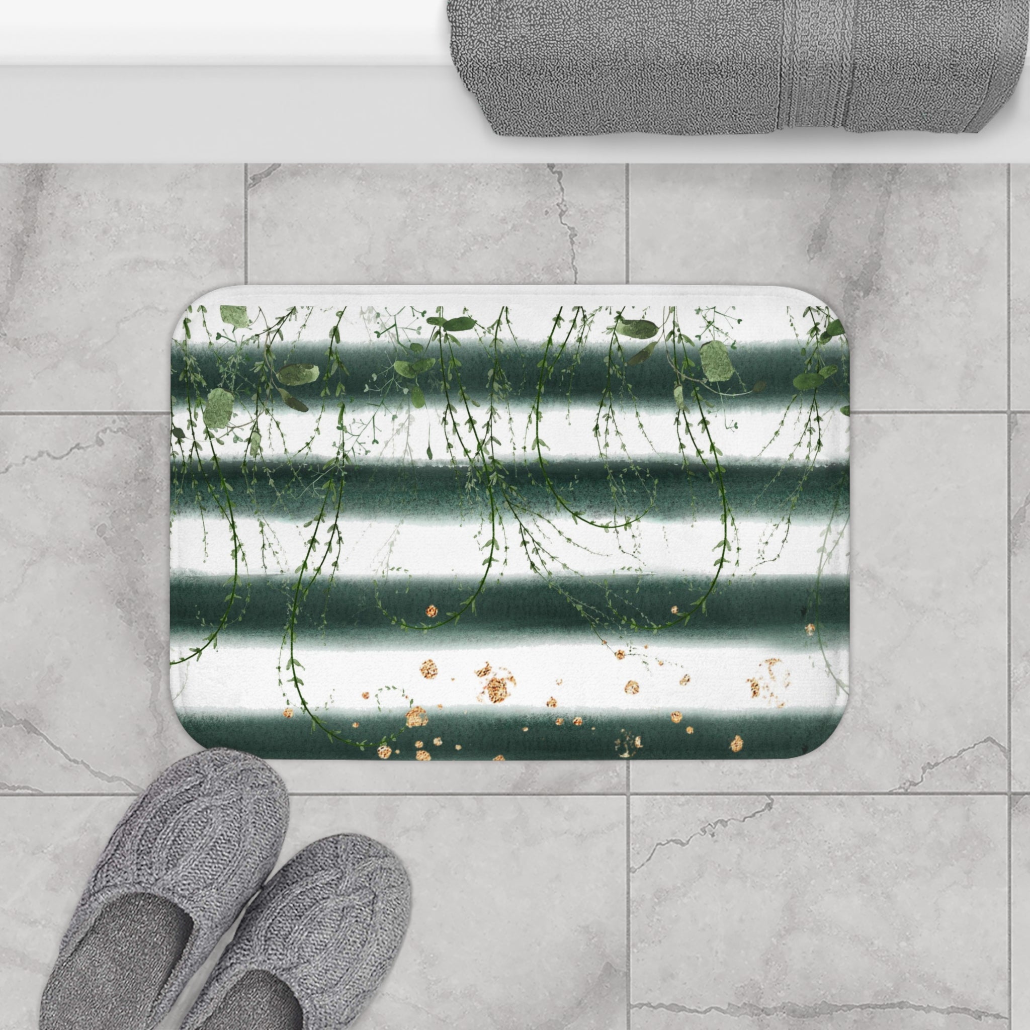 Floral Boho Bath, Kitchen Mat, Rug | White Sage Green Vine Leaves