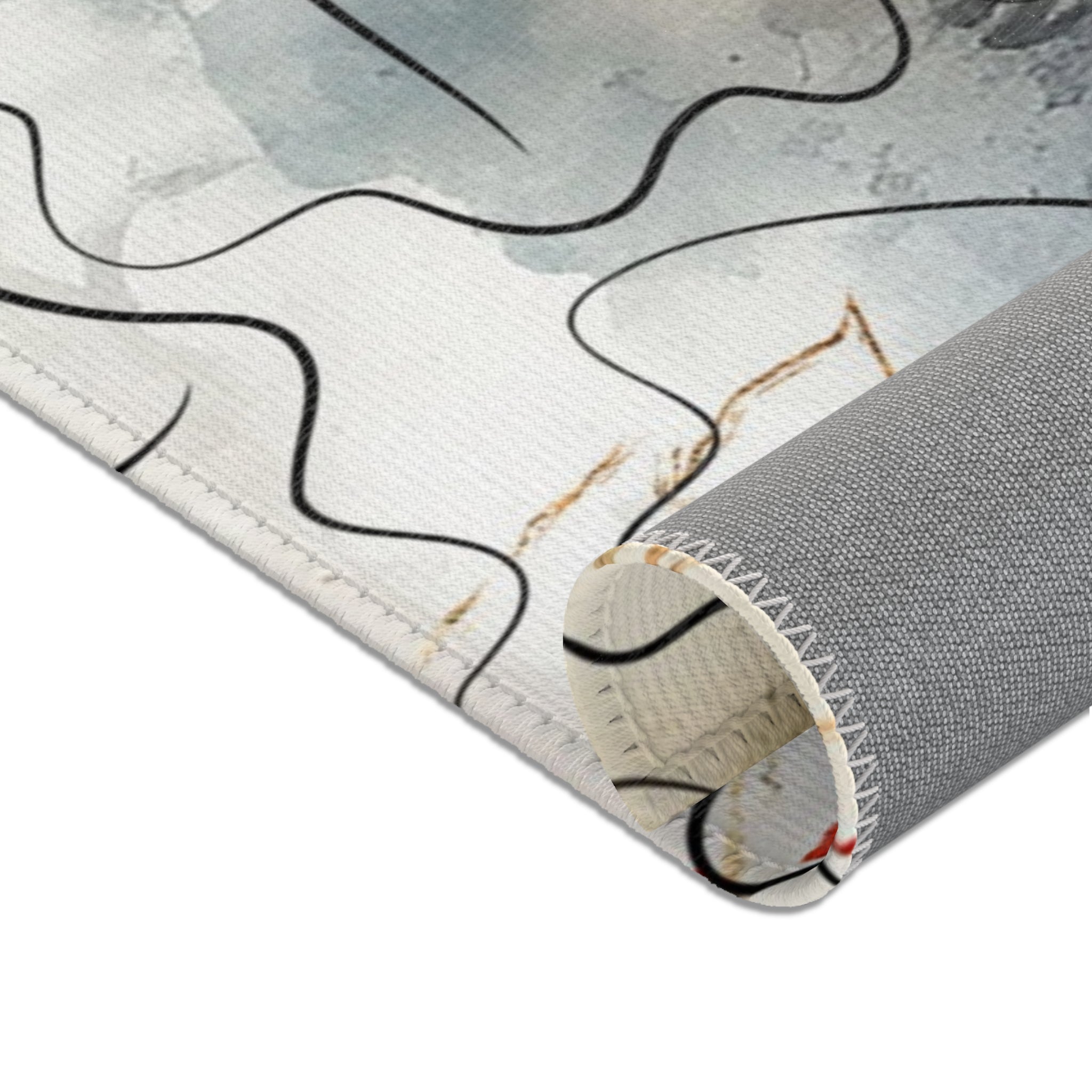 Boho Area Rug | Grey Red, Line Art, Floral Rug