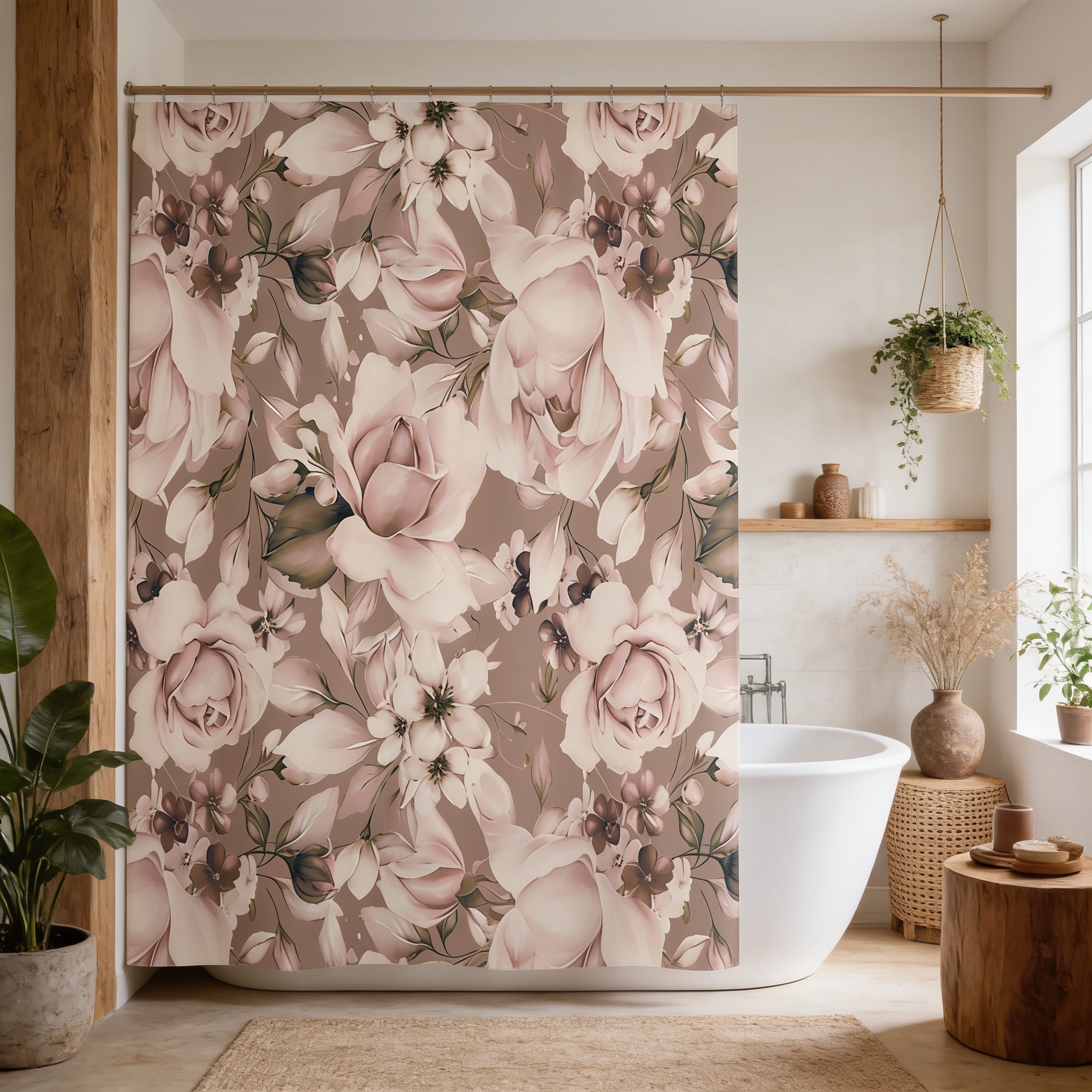 a bathroom with a floral patterned shower curtain, a white bathtub, and various decorative elements such as potted plants and vases.