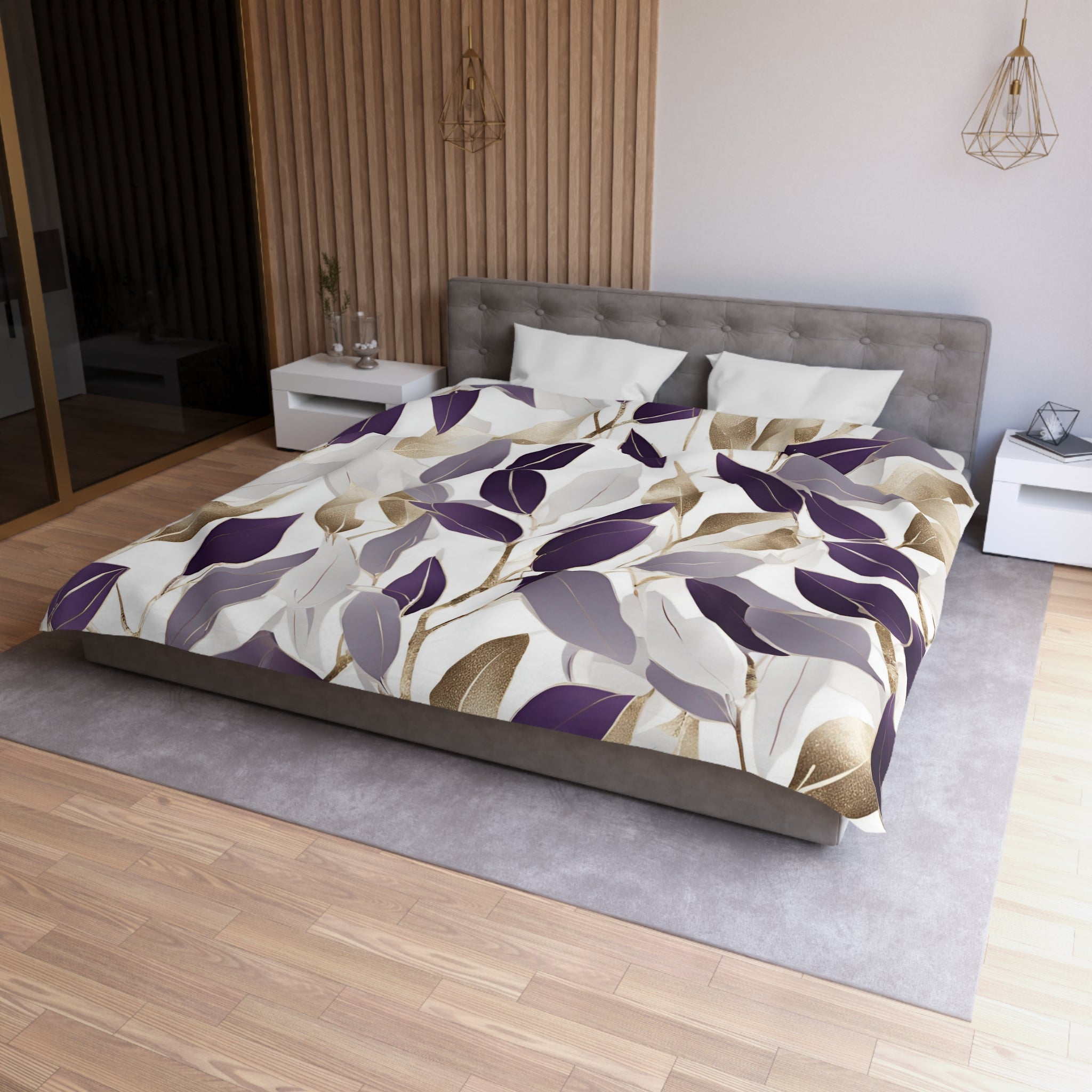 Abstract Floral Duvet Cover | Grey White, Lilac Purple | Bedroom Decor