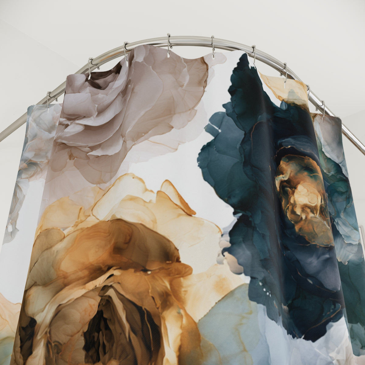 Teal Rust Vintage Rose Shower Curtain, Bath Curtain 71x74