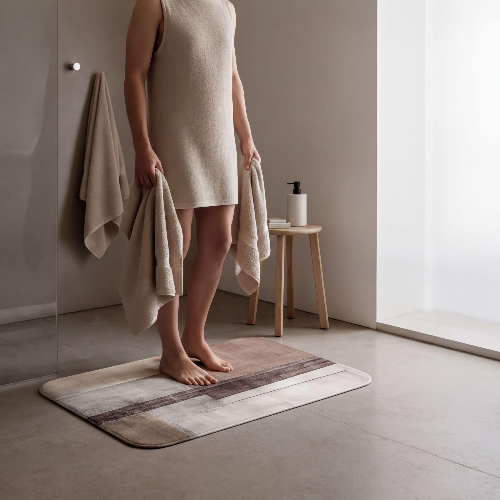 A person standing barefoot in a bathroom, holding a towel and standing on a rug.