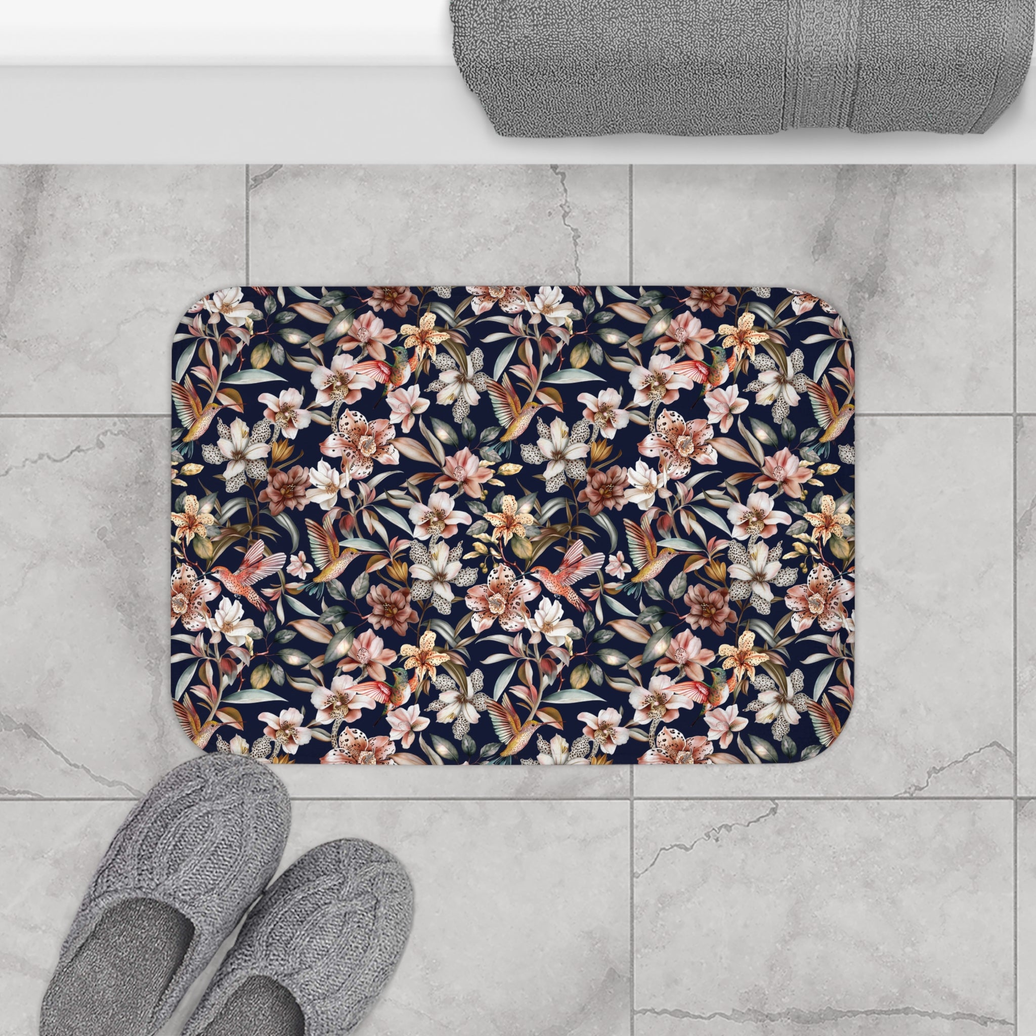 Exotic Tropical Bath Mat | Black Pink White Birds Nature Kitchen Mat